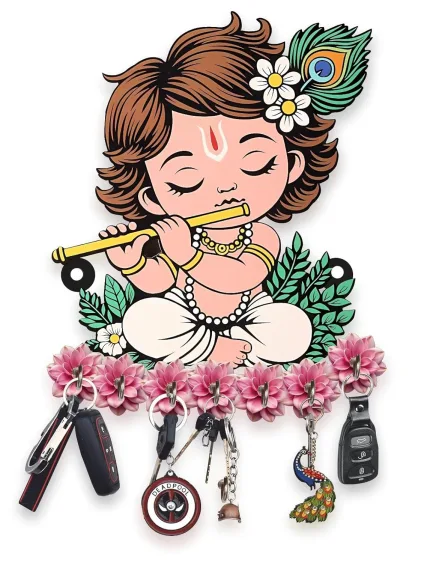 Home Decor : Krishna Wooden Key Holder: Home/Office Wall Decor