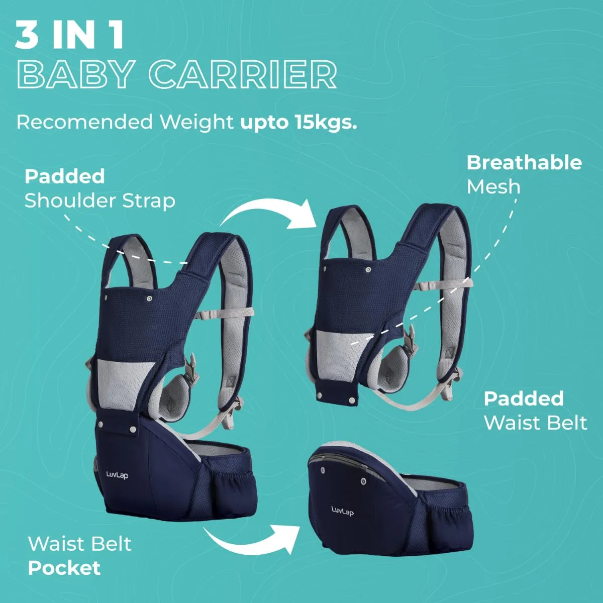 In-Depth Review: best baby carrier india - LuvLap Comfy Newborn Baby Carrier with Detachable Hip Seat (3 in 1), Ergonomically Designed (6-24 Months), 4 LuvLap Comfy Newborn Baby - view 3