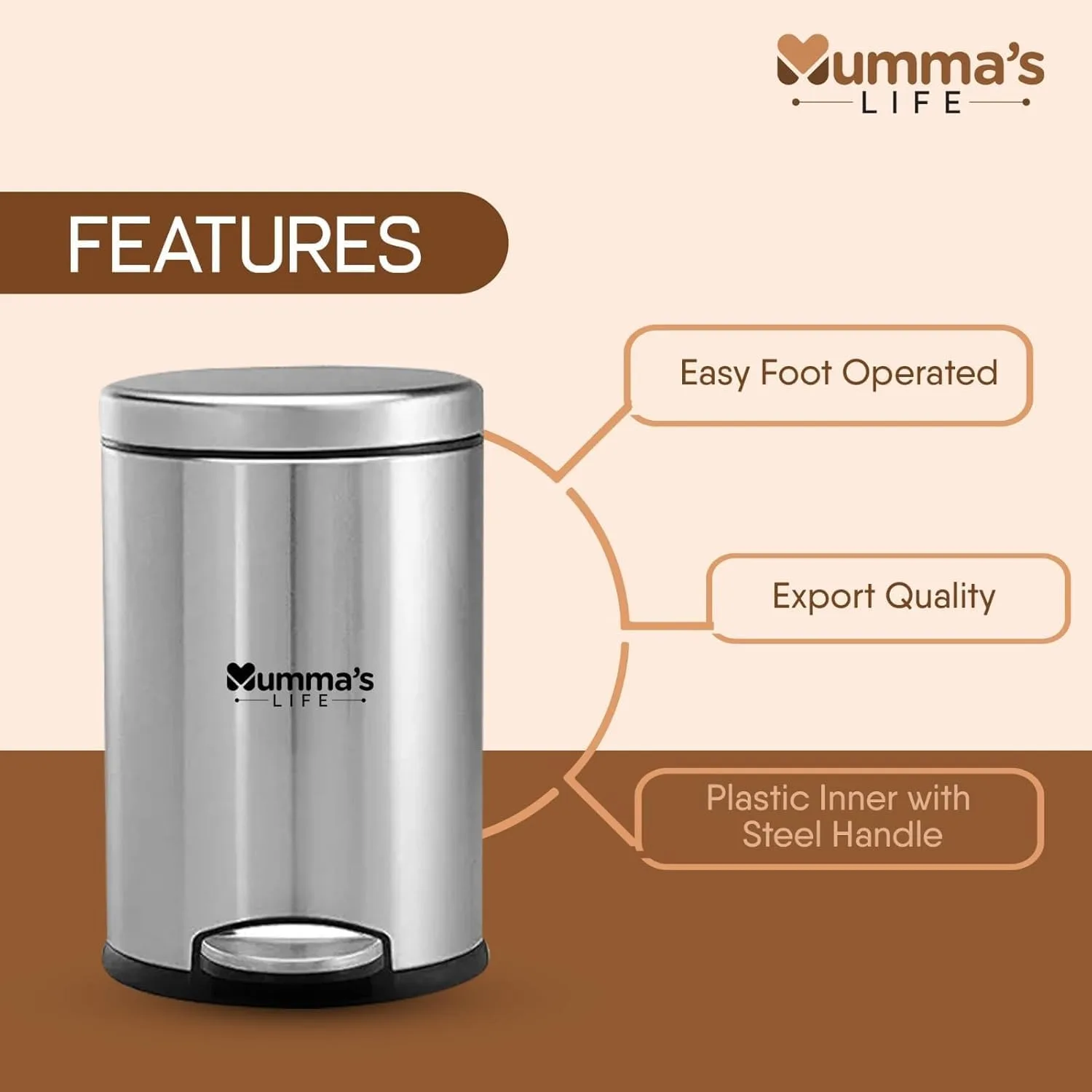 In-Depth Review: best dustbin with lid - Mumma's LIFE 5L Dustbin for Bathroom with Lid – Stainless Steel Silver Pedal Bin with Plastic Inner Bucket 5 Mumma's LIFE 5L Dustbin for - view 4