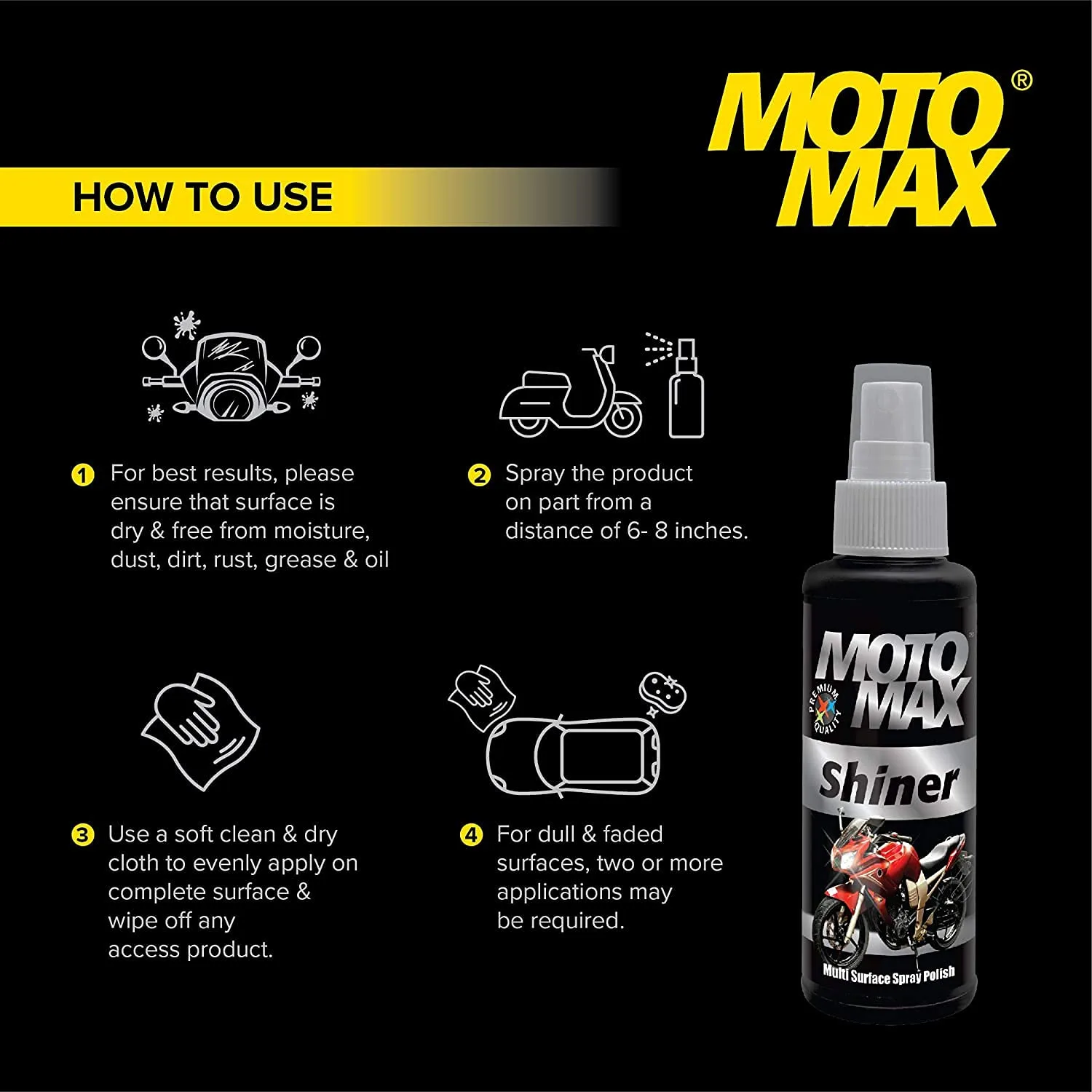 In-Depth Review: best bike polish spray - Motomax Shiner Multi surface Spray Polish 100ml|Instantly Cleans, Polishes and Shines Motorbikes, Scooters, 4 Motomax Shiner Multi surfac - view 3
