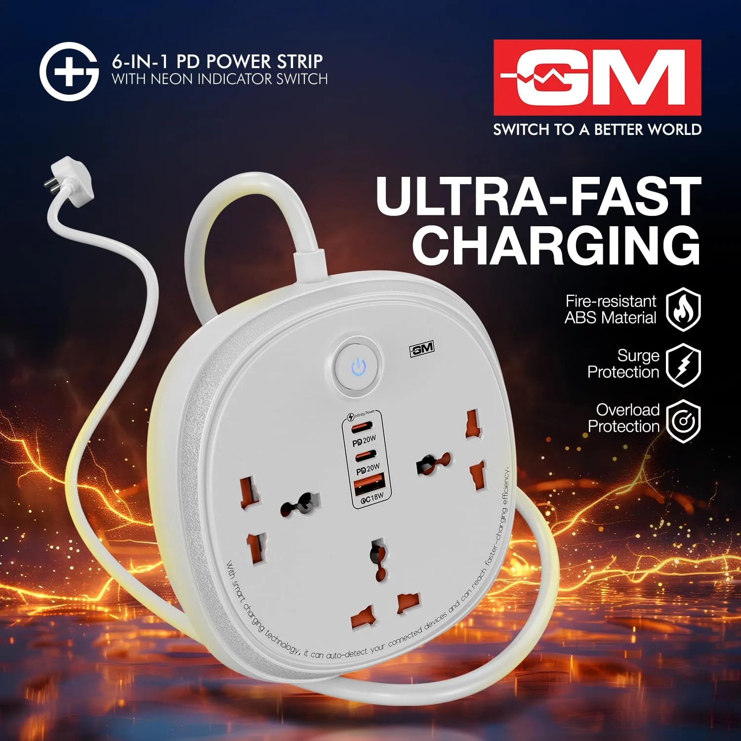 In-Depth Review: best extension board with usb - GM 6-in-1 PD Power Strip Extension Board with USB Port, 3 Universal Sockets & 2 Mtr Cord | 2 Typ 8 GM 6-in-1 PD Power Str - view 7
