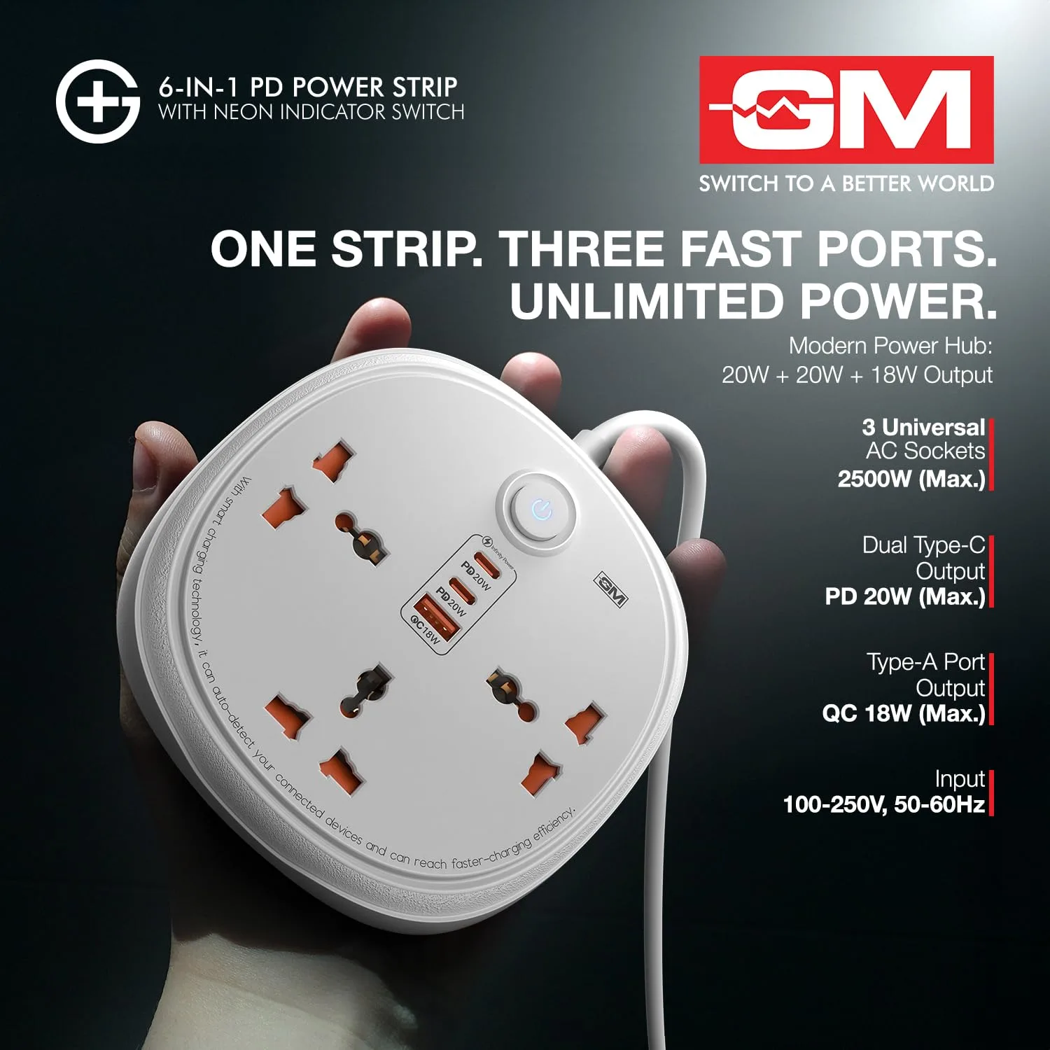 In-Depth Review: best extension board with usb - GM 6-in-1 PD Power Strip Extension Board with USB Port, 3 Universal Sockets & 2 Mtr Cord | 2 Typ 5 GM 6-in-1 PD Power Str - view 4