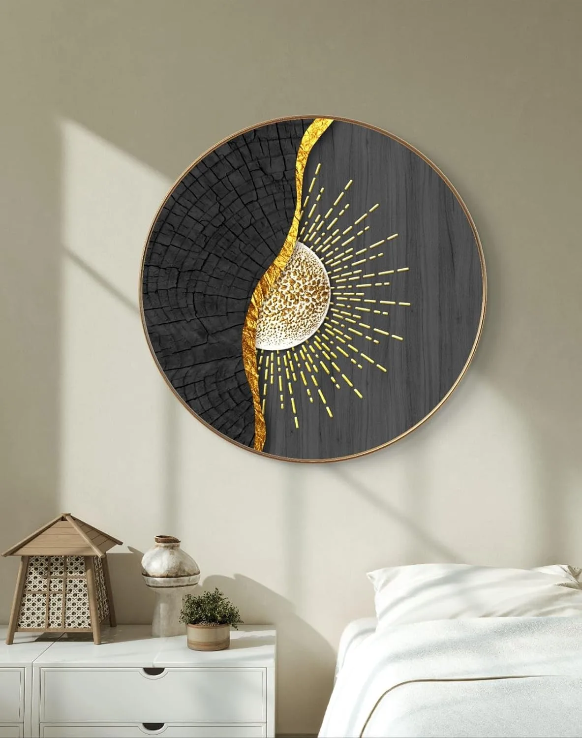 In-Depth Review: best canvas painting wall art - Livin’luxe Abstract Sun Round Wall Painting with Premium Golden PVC Frame | Modern Black Gold Sunbu 4 Livin’luxe Abstract Sun Round - view 3
