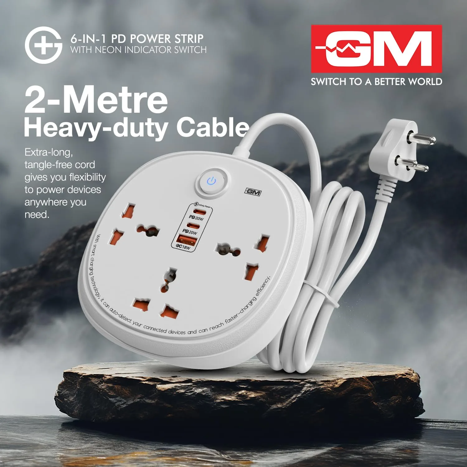 In-Depth Review: best extension board with usb - GM 6-in-1 PD Power Strip Extension Board with USB Port, 3 Universal Sockets & 2 Mtr Cord | 2 Typ 6 GM 6-in-1 PD Power Str - view 5