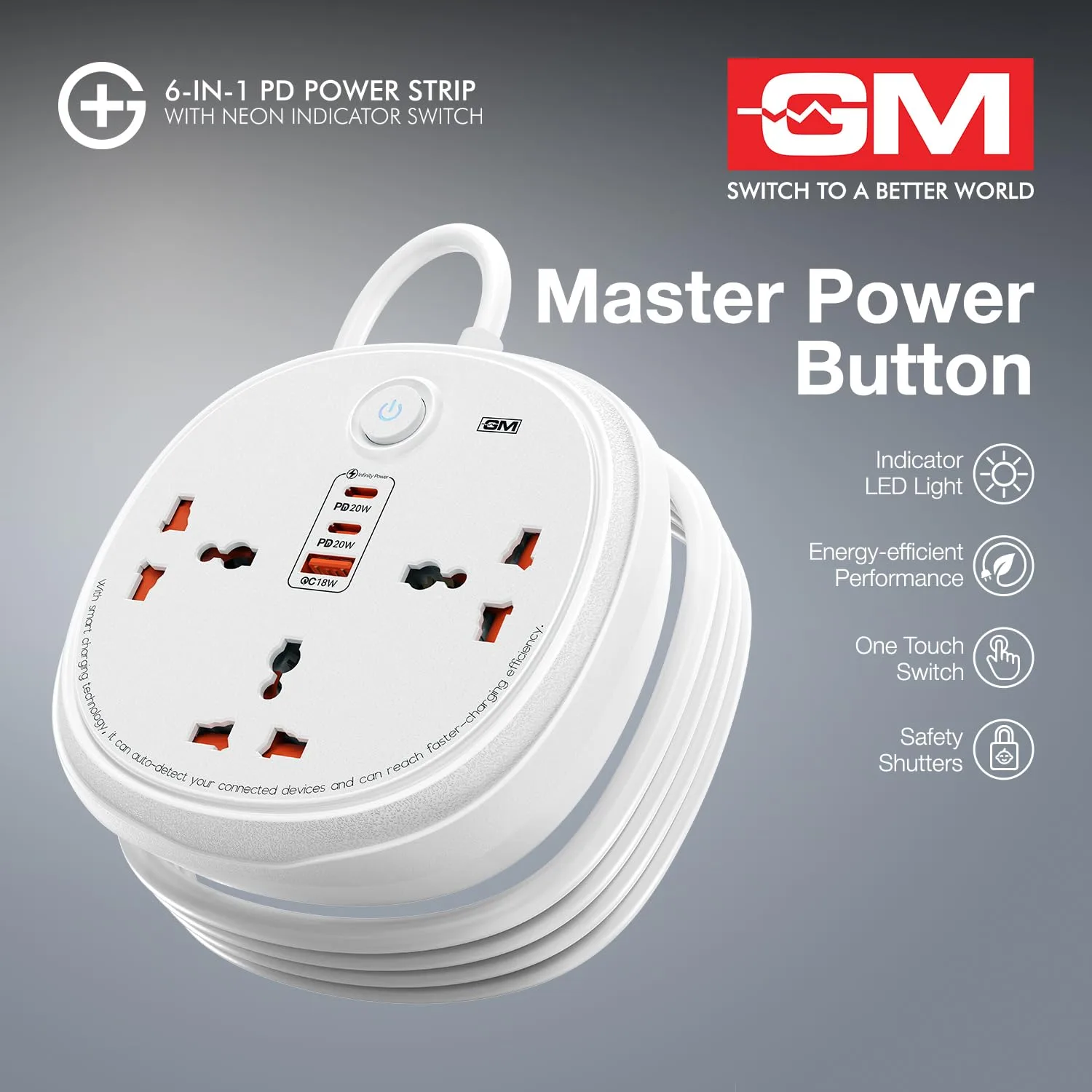 In-Depth Review: best extension board with usb - GM 6-in-1 PD Power Strip Extension Board with USB Port, 3 Universal Sockets & 2 Mtr Cord | 2 Typ 7 GM 6-in-1 PD Power Str - view 6