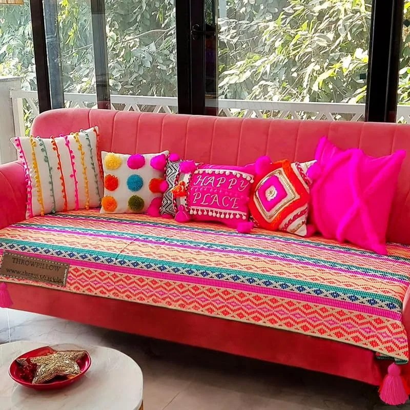 WWW.THROWPILLOW.IN Rainbow 3+1 +1 Sofa Cover with Corner Tassels Sofa Cover 5 Seater- Colourful Home Decoration, 5 Seater Sofa Covers 3 Seater and 1 and 1seater -Set of 3 Covers- (3+1+1 Seater) | | best sofa cover set