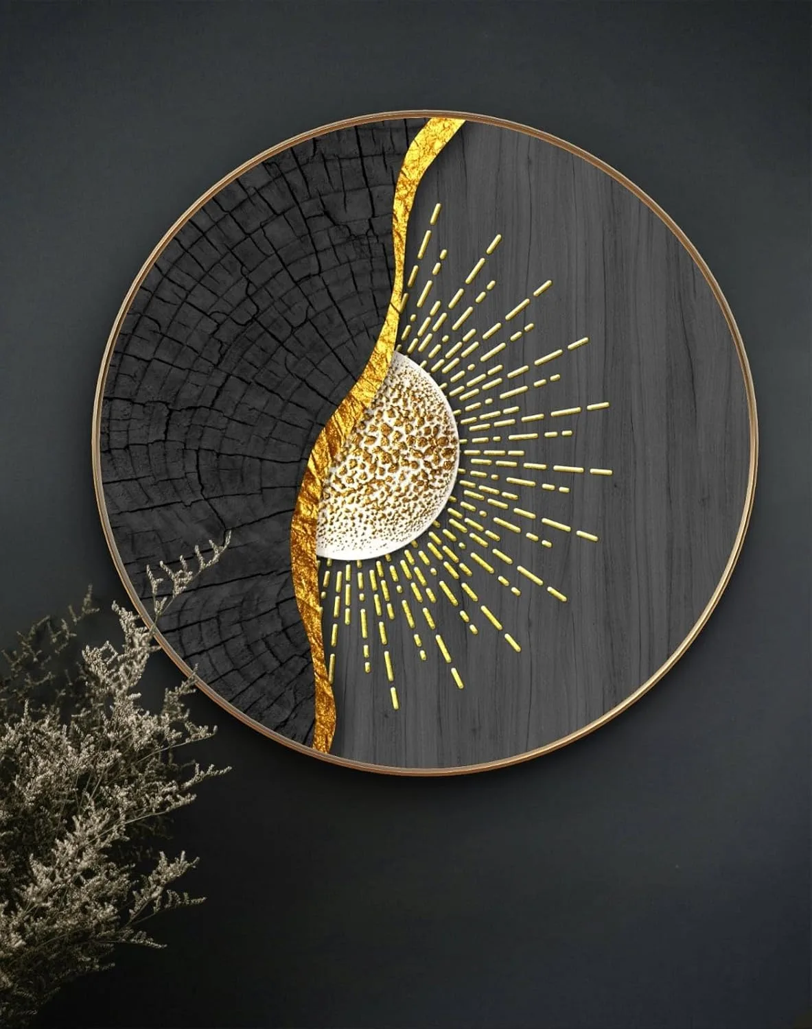 In-Depth Review: best canvas painting wall art - Livin’luxe Abstract Sun Round Wall Painting with Premium Golden PVC Frame | Modern Black Gold Sunbu 7 Livin’luxe Abstract Sun Round - view 6