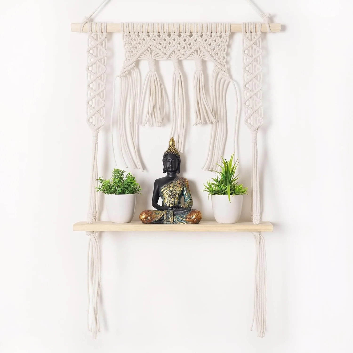 In-Depth Review: best macrame wall hanging - Decazone ® Macrame Wall Hanging Shelf Wood Floating Shelves with Wooden Dowel Modern Chic Woven Decor fo 4 Decazone ® Macrame Wall Han - view 3