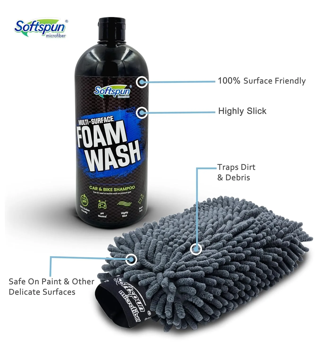 In-Depth Review: best bike wash shampoo - SOFTSPUN Microfiber 1Ltr Car & Bike pH Neutral Premium Liquid Shampoo+1700gsm 1pc Double Side Glove Gre 4 best bike wash shampoo view 2