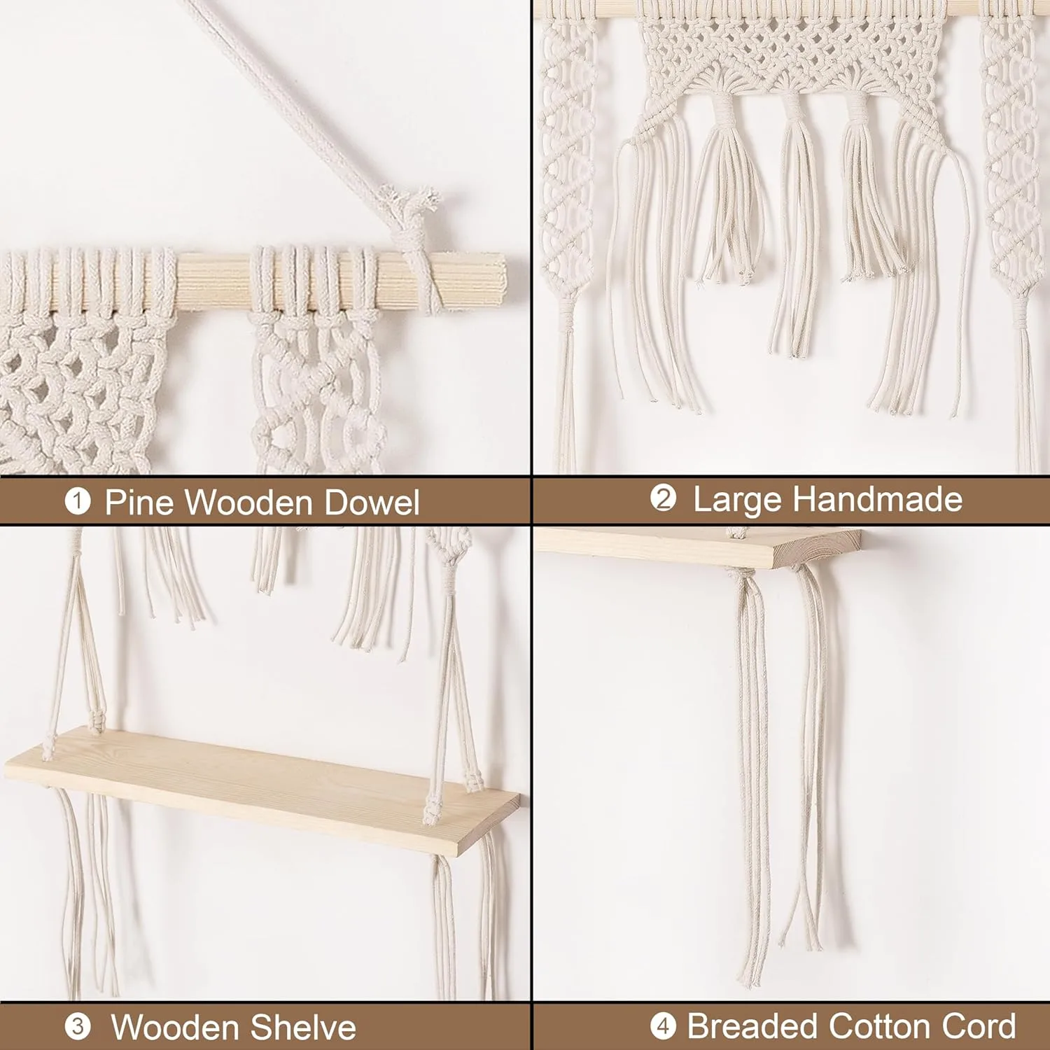 In-Depth Review: best macrame wall hanging - Decazone ® Macrame Wall Hanging Shelf Wood Floating Shelves with Wooden Dowel Modern Chic Woven Decor fo 7 Decazone ® Macrame Wall Han - view 6