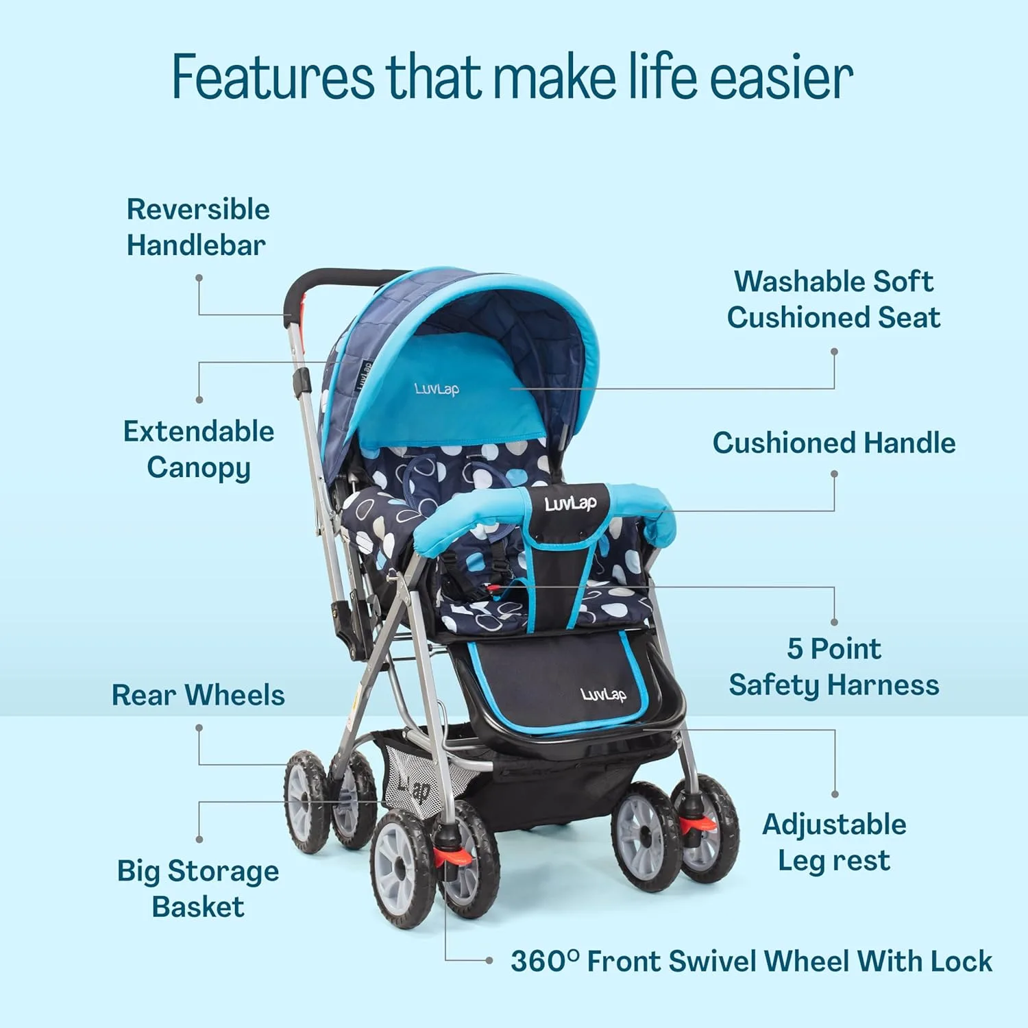 In-Depth Review: best baby stroller india - LuvLap Sunshine Baby Stroller/Pram for 0 to 3 Years, New Born/Toddler/Kid, 5 Point Safety Harness, Adjusta 3 LuvLap Sunshine Baby Strol - view 2