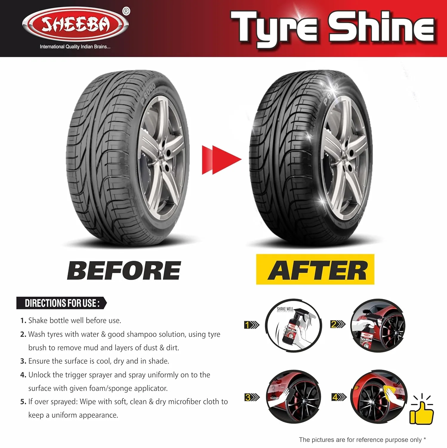 In-Depth Review: best car tyre shine - SHEEBA TYRE SHINE Polish with foam applicator pad for Cars & Bikes, Original Back to Black look, Long Last 5 SHEEBA TYRE SHINE Polish w - view 4