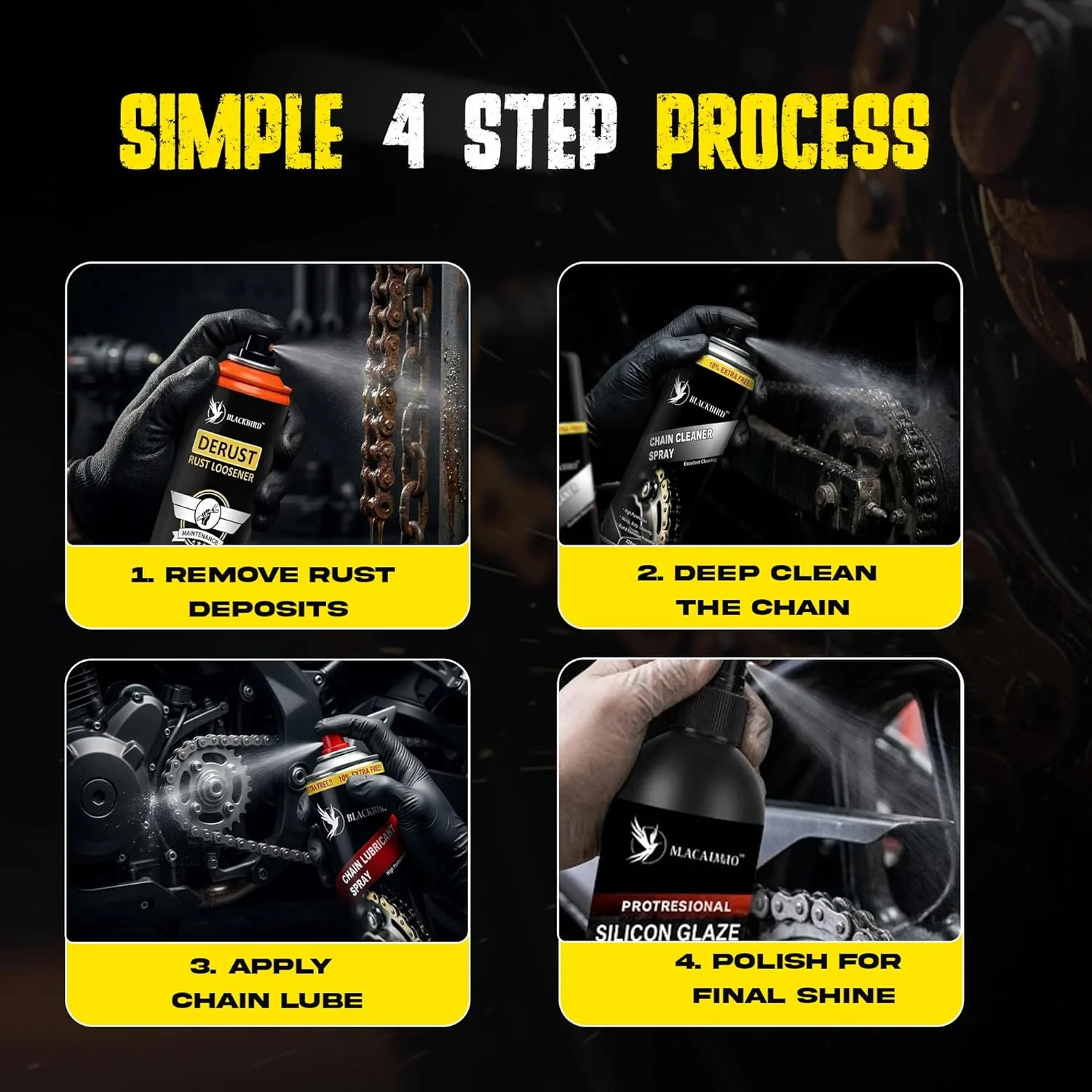 In-Depth Review: best bike cleaning kit - BLACKBIRD Bike Care Kit Chain Lube Spray 220ml, Chain Cleaner Spray 220ml, De-Rust 120ml, All in One Polish 6 BLACKBIRD Bike Care Kit Chain - view 5