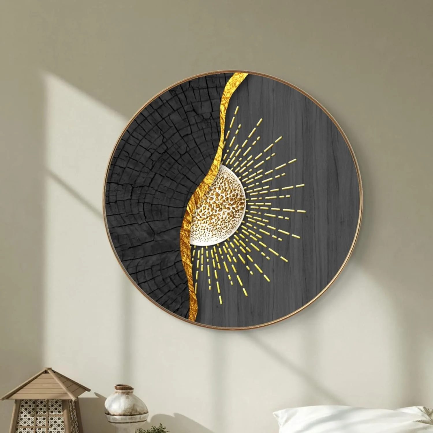 In-Depth Review: best canvas painting wall art - Livin’luxe Abstract Sun Round Wall Painting with Premium Golden PVC Frame | Modern Black Gold Sunbu 2 best canvas painting wall art