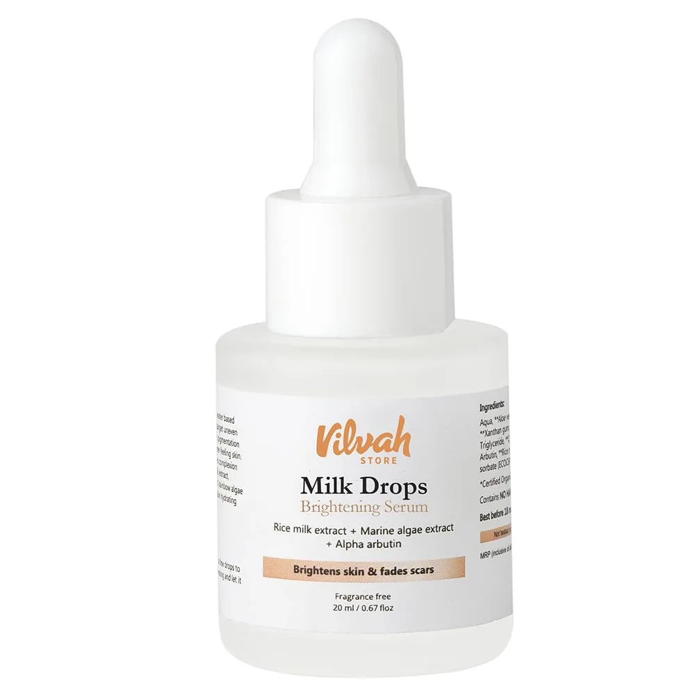 Vilvah Milk Drops Brightening Serum | Fades Dark Spots, Treats Hyperpigmentation & Evens Skin Tone | Hyaluronic Acid & Alpha Arbutin Serum for Women & Men | Suitable for All Skin Types | 20ml | | best clean beauty products india