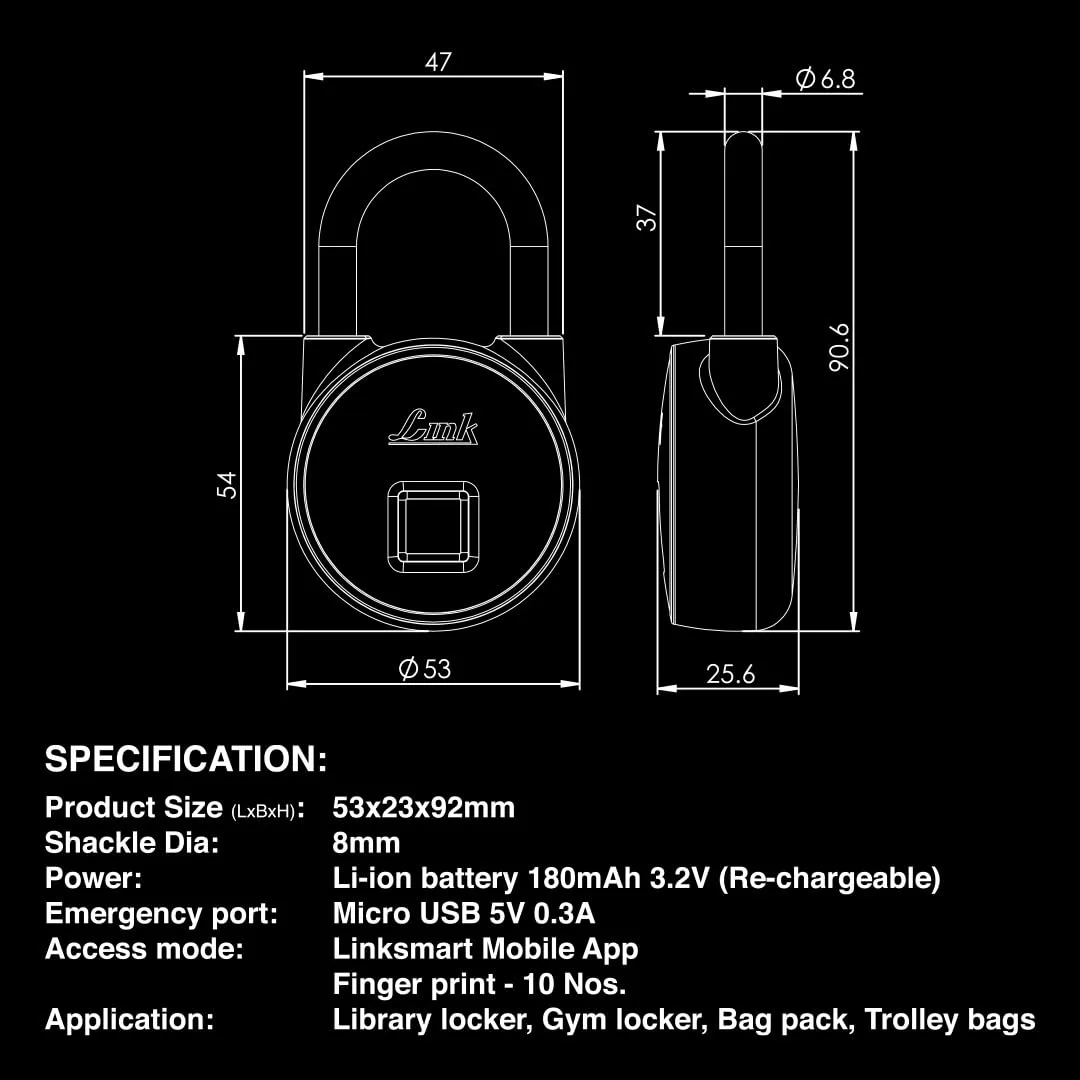 In-Depth Review: best bike ignition lock - Link Smart Bio-Touch Fingerprint Padlock, Rechargeable Li-ion Battery, Water & Dust Resistant, 8MM Hig 4 Link Smart Bio-Touch Fin - view 3