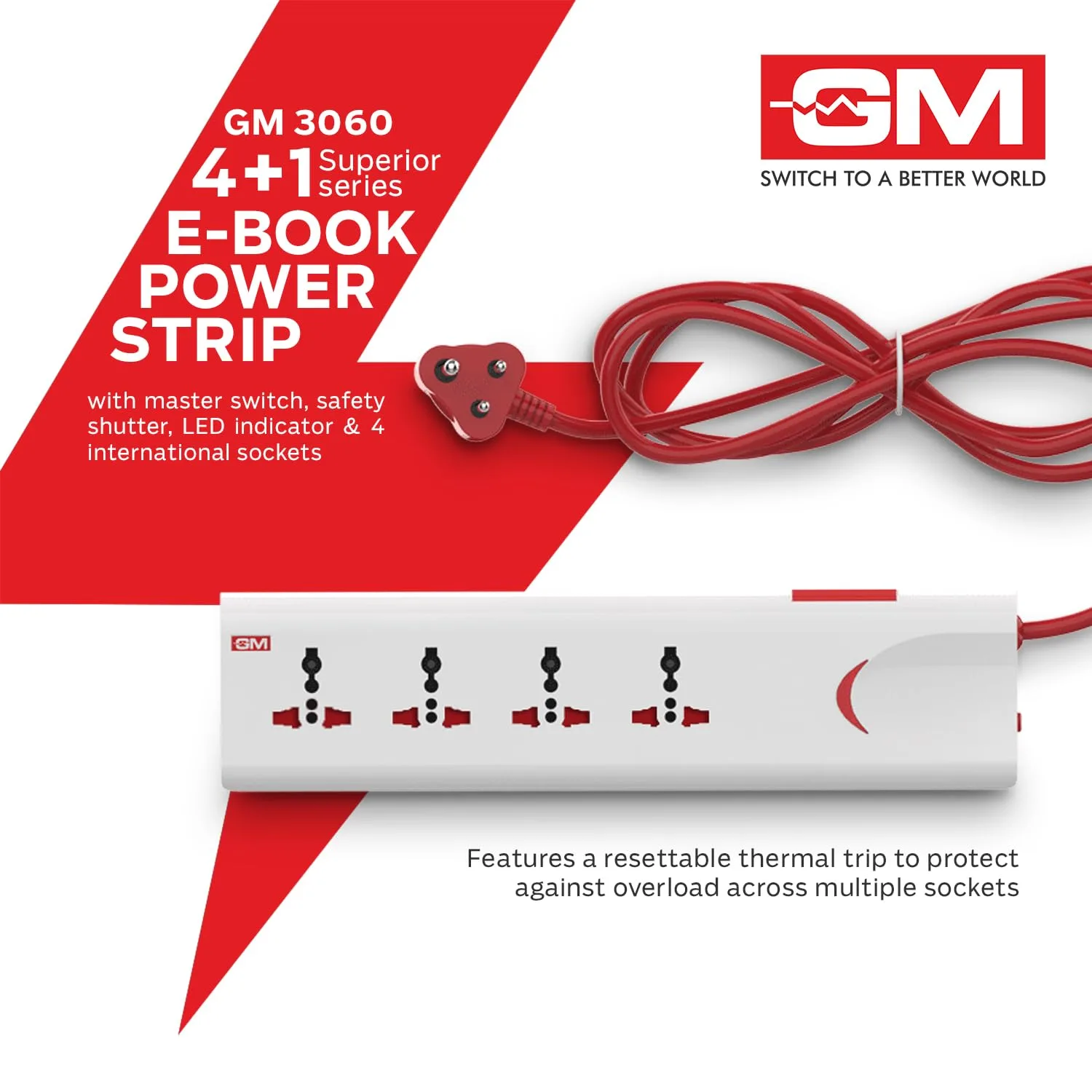 In-Depth Review: best travel power strip - GM 3060 Extension Board 10Amp Output 250 Volts with 2 Mtr Extension Cord & Surge Protector | Master Sw 5 GM 3060 Extension Boar - view 4