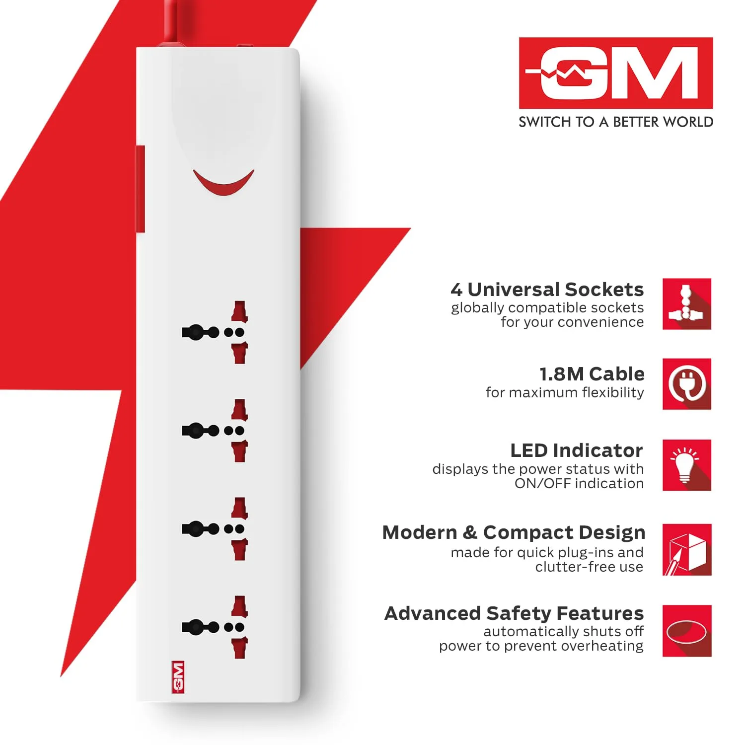 In-Depth Review: best travel power strip - GM 3060 Extension Board 10Amp Output 250 Volts with 2 Mtr Extension Cord & Surge Protector | Master Sw 6 GM 3060 Extension Boar - view 5