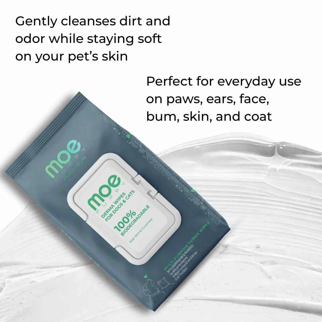 In-Depth Review: best dog ear cleaner - Moe Puppy Derma Wipes for Dogs & Cats | 100 Wipes (Pack of 2) | Biodegradable Pet Wipes | Chlorhexidine & 4 Moe Puppy Derma Wipes f - view 3