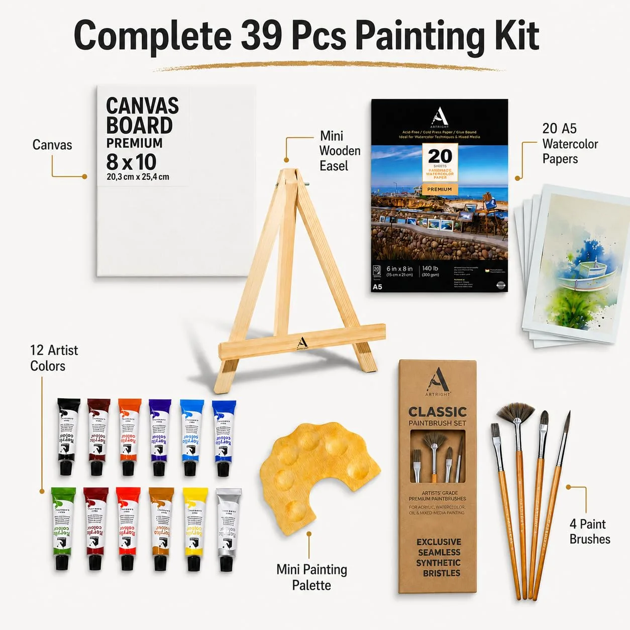 In-Depth Review: best watercolor paint set - ArtRight 39 Pcs Painting Kit for Beginners & Kids with 4 Paint Brushes – Mini Wooden Easel wit 3 ArtRight 39 Pcs Painting Kit - view 2
