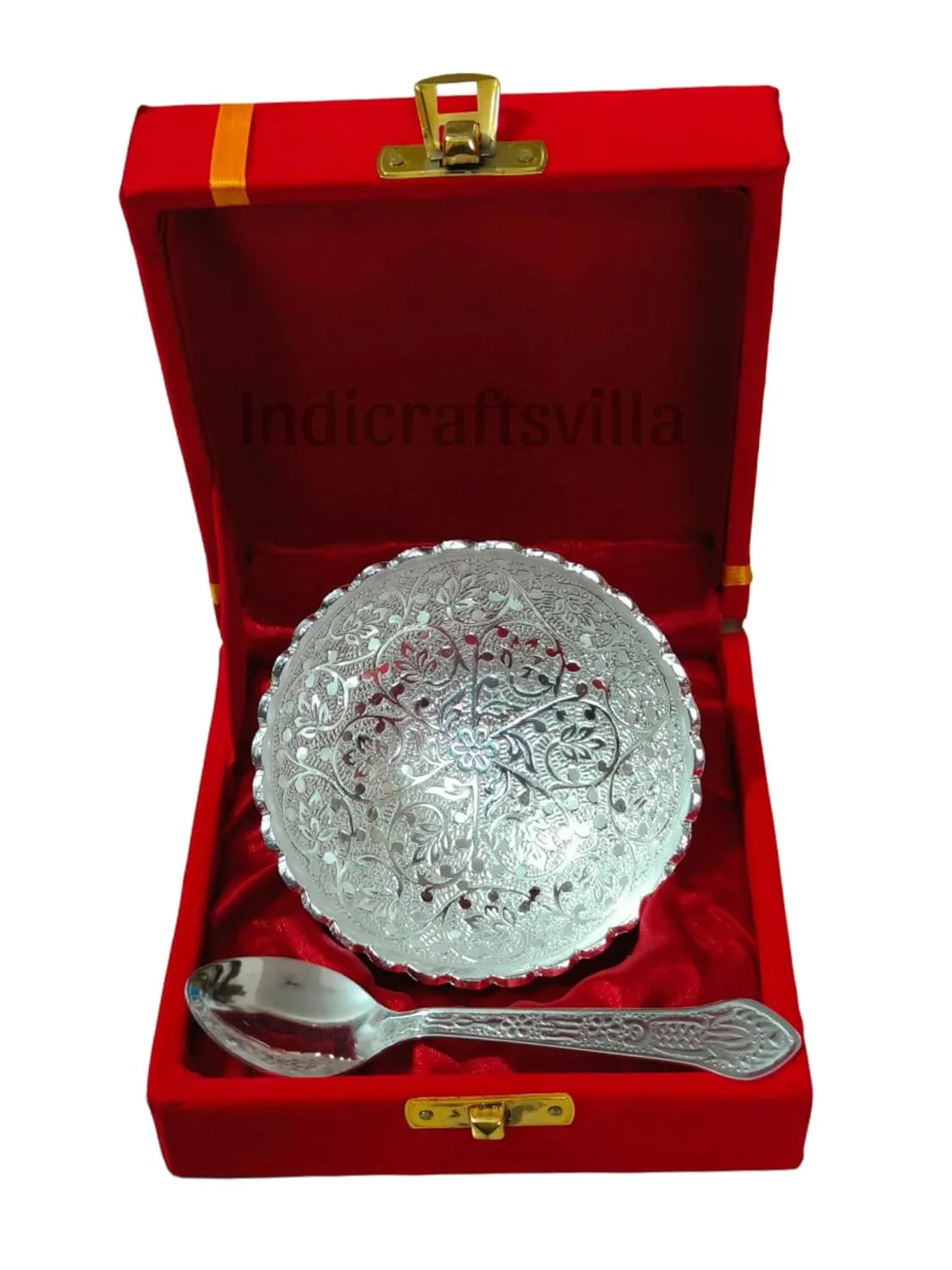 In-Depth Review: best decorative bowl set - Indicraftsvilla Silver Plated Decorative Bowl & Spoon Set with Red Velvet Box – Ornate Floral Desig 2 best decorative bowl set