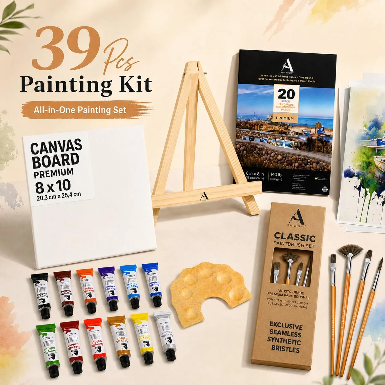 In-Depth Review: best watercolor paint set - ArtRight 39 Pcs Painting Kit for Beginners & Kids with 4 Paint Brushes – Mini Wooden Easel wit 4 ArtRight 39 Pcs Painting Kit - view 3