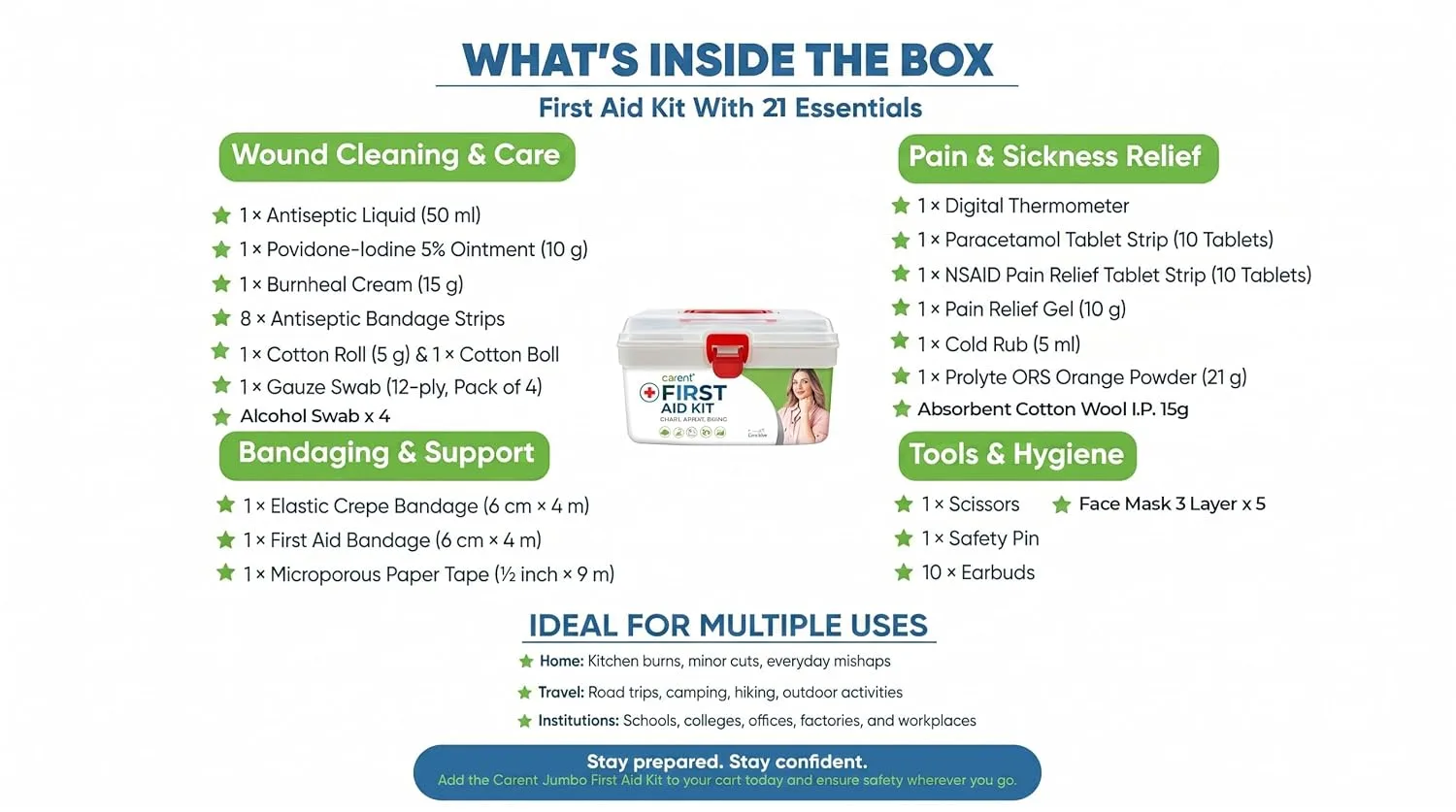 In-Depth Review: best bike first aid kit - Carent Jumbo First Aid Kit for Home, Car, Travel & Office – 21 Essential Emergency Medical Supplies 3 Carent Jumbo First Aid Kit - view 2