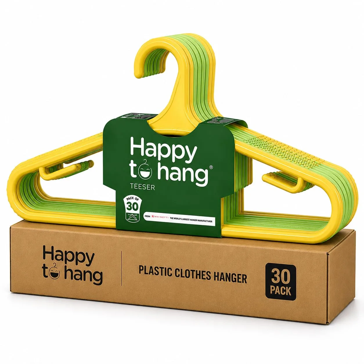 Happy To Hang Teeser Plastic Cloth Hangers | Stylish Italian Design | Hanger Set for Clothes, Tees, Shirts, Sarees & Wardrobe Storage | Almirah Hanger | Pack of 30 (Yellow & Green) | | best hanger set plastic