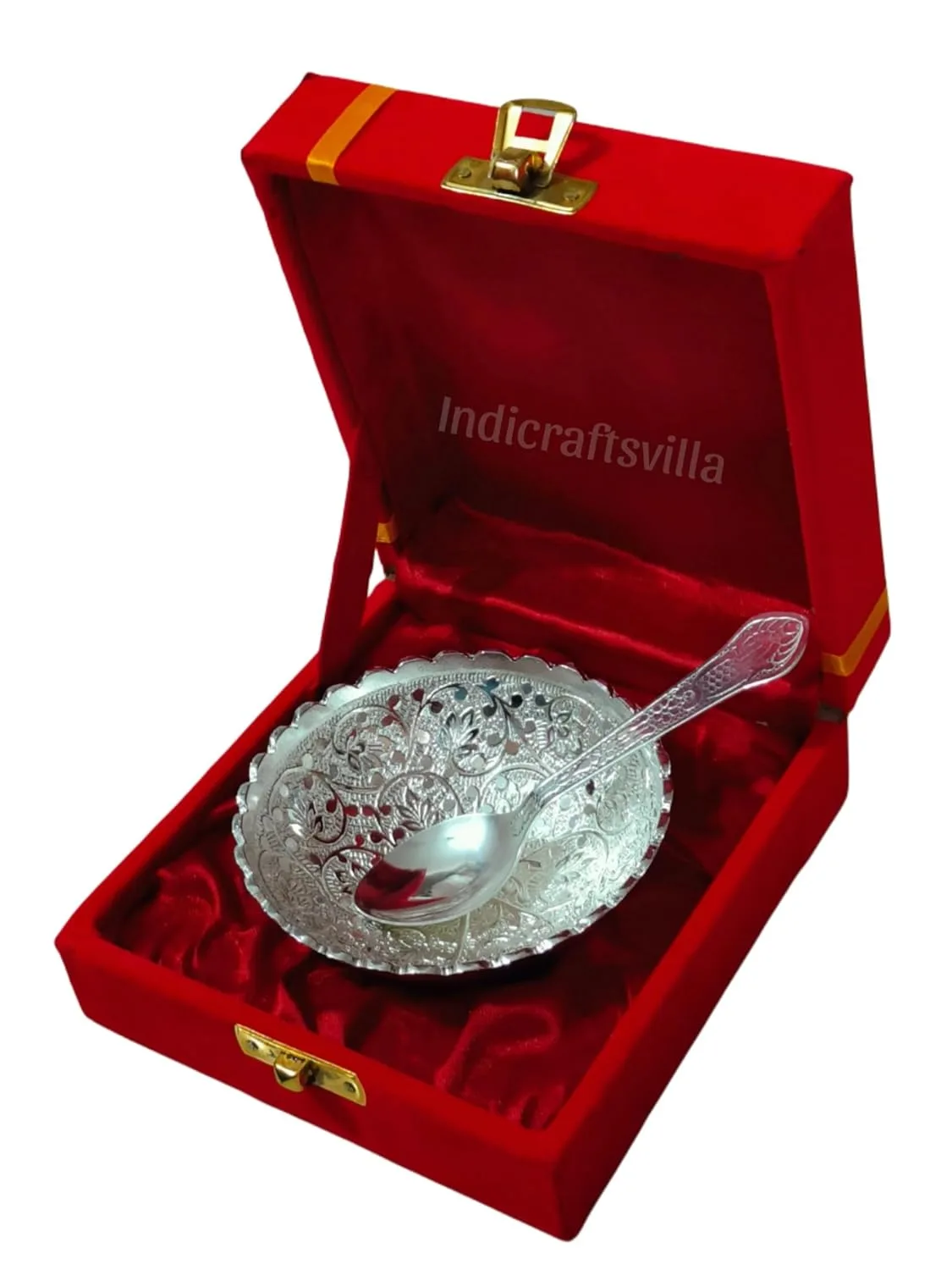 In-Depth Review: best decorative bowl set - Indicraftsvilla Silver Plated Decorative Bowl & Spoon Set with Red Velvet Box – Ornate Floral Desig 3 Indicraftsvilla Silver Plated Decor - view 2
