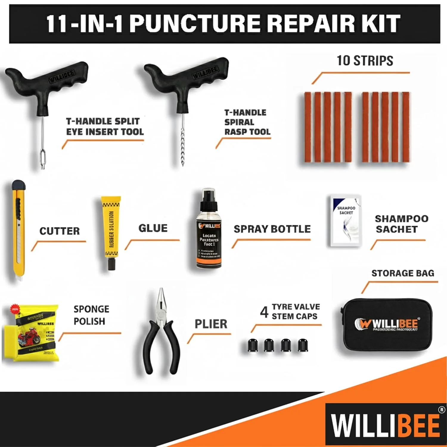 In-Depth Review: best bike puncture kit tubeless - WILLIBEE 11-in-1 (Pack of 10 Strips) Tubeless Tyre Puncture Repair Kit for Car & Bike | Heavy- 3 WILLIBEE 11-in-1 (Pack of 10 - view 2