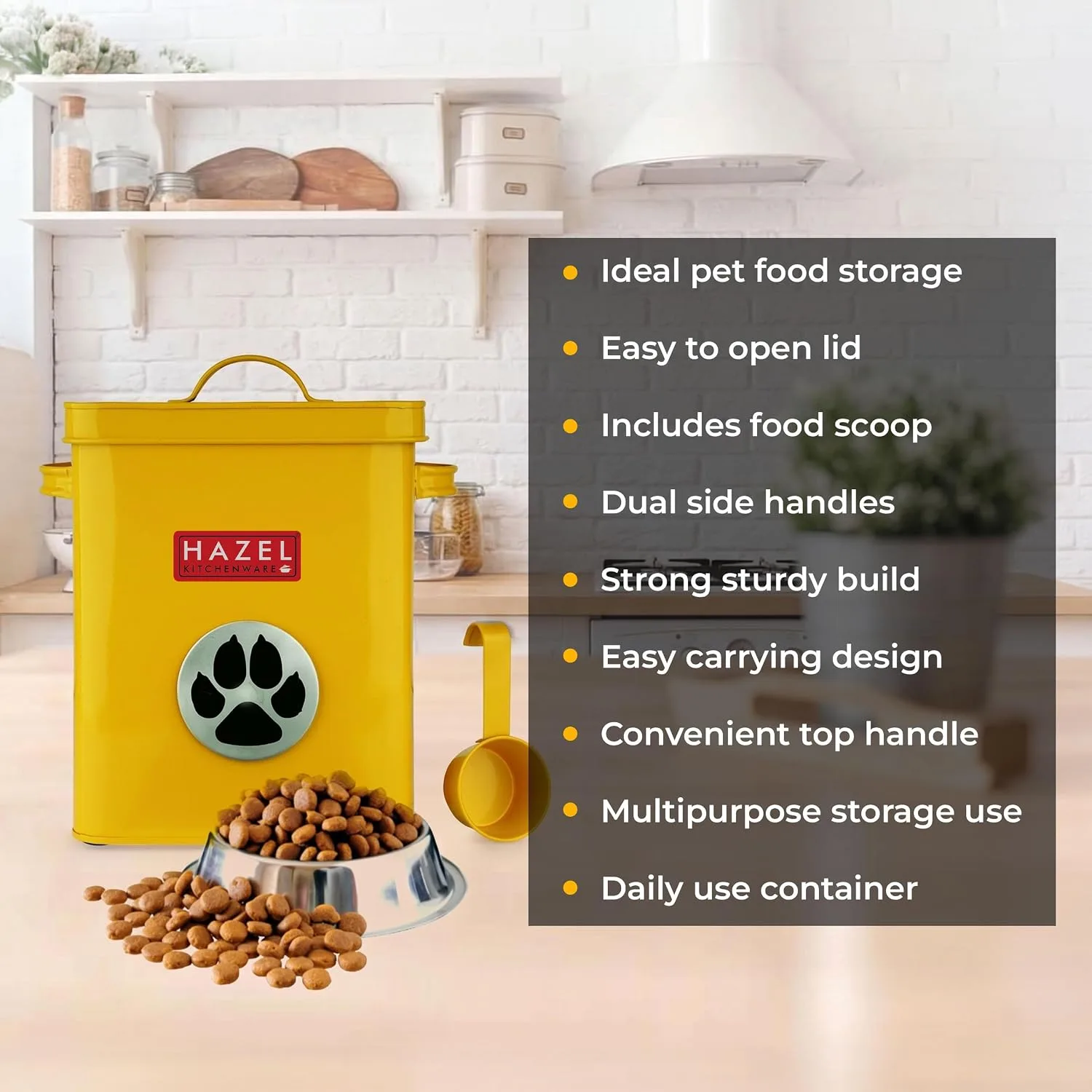In-Depth Review: best pet food storage container - HAZEL Pet Food Container with Lid | Metal Multipurpose Containers for Dog food, Yellow, 6600 ML | | 4 HAZEL Pet Food Container - view 3