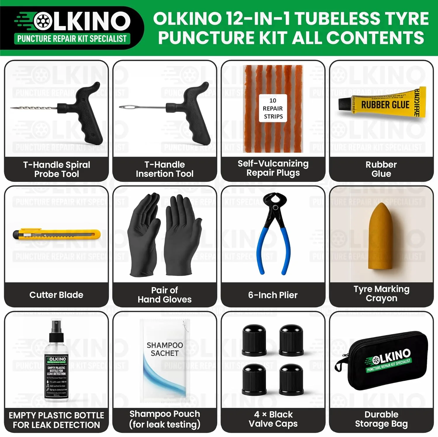 In-Depth Review: best bike puncture repair kit - OLKINO 12-in-1 Tubeless Tyre Puncture Repair Kit for Cars & Bikes | Heavy-Duty T-Handle Tools &# 3 best bike puncture repair kit view 1