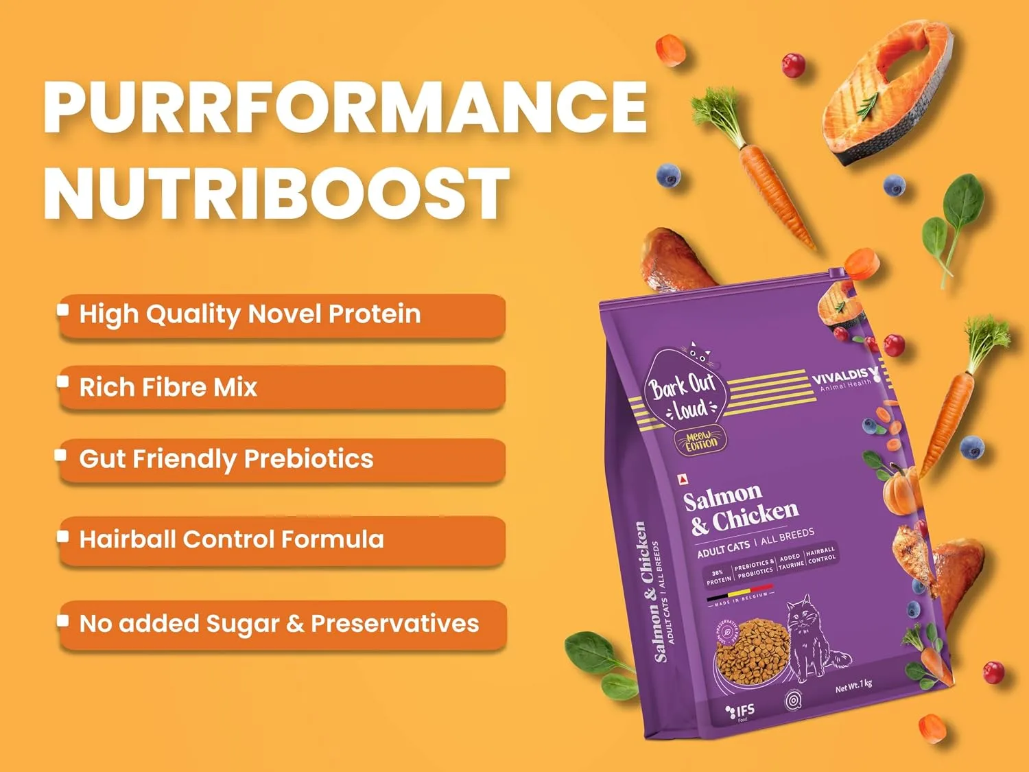 In-Depth Review: best cat food india - Bark Out Loud by Vivaldis – Adult Dry Cat Food Chicken & Salmon 1 Kg Protein-Packed Immunity Growth 4 Bark Out Loud by Vivaldi - view 3