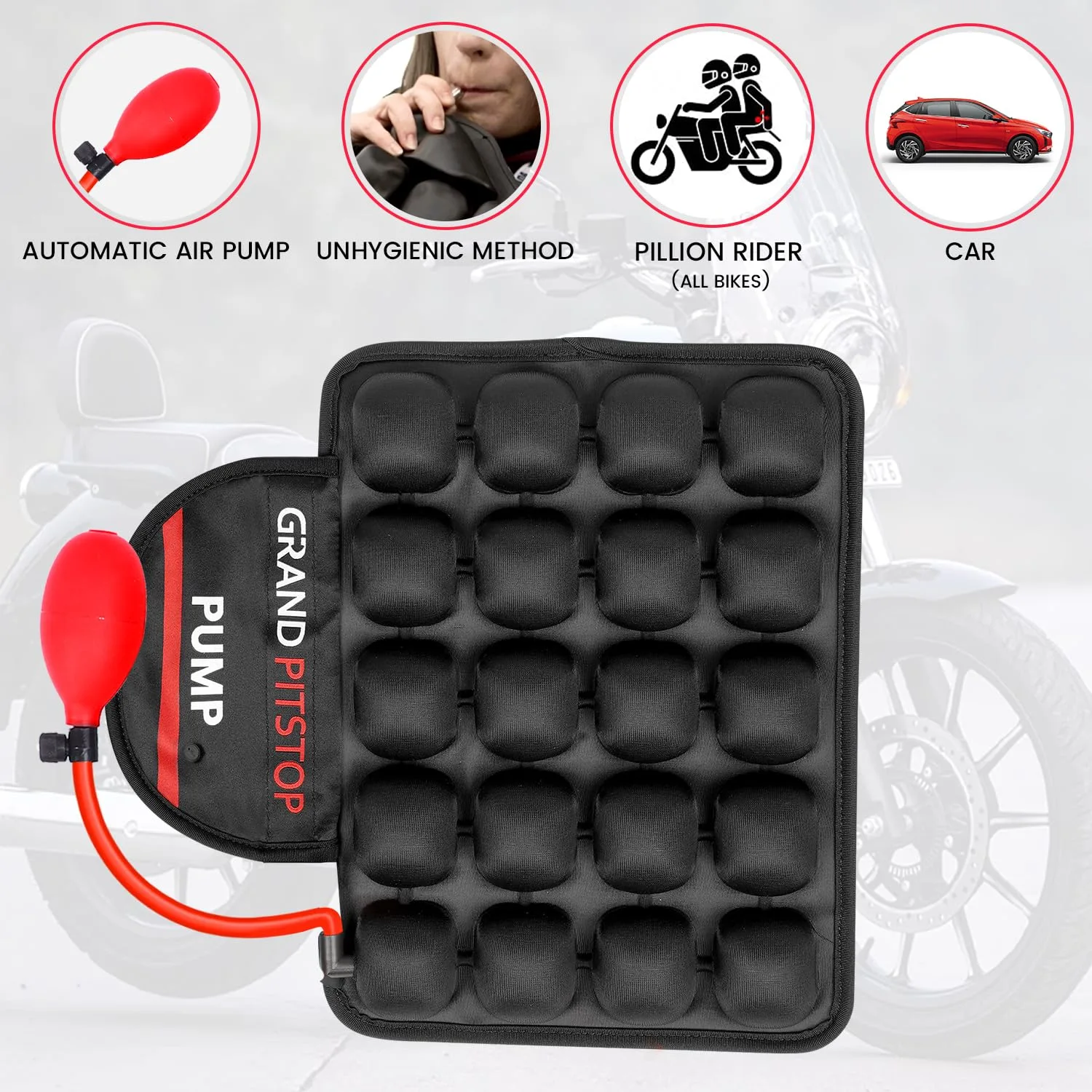 In-Depth Review: best bike pillion seat - GRAND PITSTOP Inflatable Motorcycle Pillion Air Seat Cushion with Air Filling Pump | Non-Skid Base | Bike Se 3 GRAND PITSTOP Inflatable - view 2