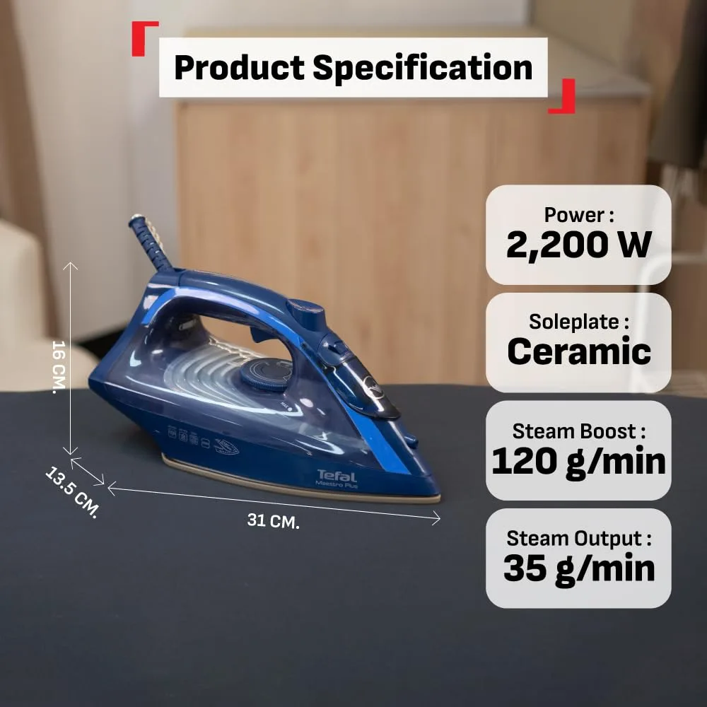In-Depth Review: best travel iron compact - Tefal Maestro Plus Steam Iron | No.1 Ironing Brand in Europe | 2200W | XL Ceramic Soleplate | Anti-Calc | 4 Tefal Maestro Plus Steam - view 3