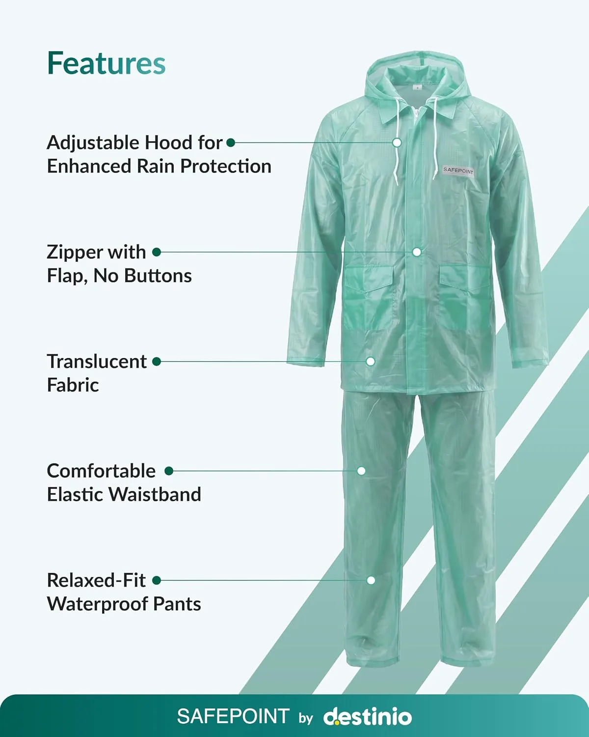 In-Depth Review: best bike rain suit - Destinio Rainsuit Jacket & Pant Set | PVC Waterproof Poncho Raincoat for Men Women | Hooded Full Body Rain 9 best bike rain suit view 7