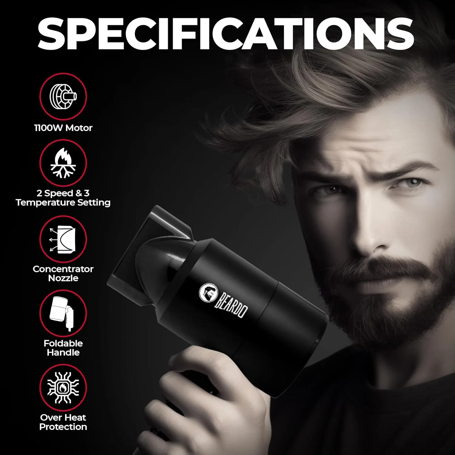 In-Depth Review: best travel hair dryer - BEARDO Styling Gun Ultra Compact Hair Dryer | 1100 Watts Foldable Hair Dryer | 3 Heat 2 Speed Setting | Trav 3 BEARDO Styling Gun Ultra C - view 2