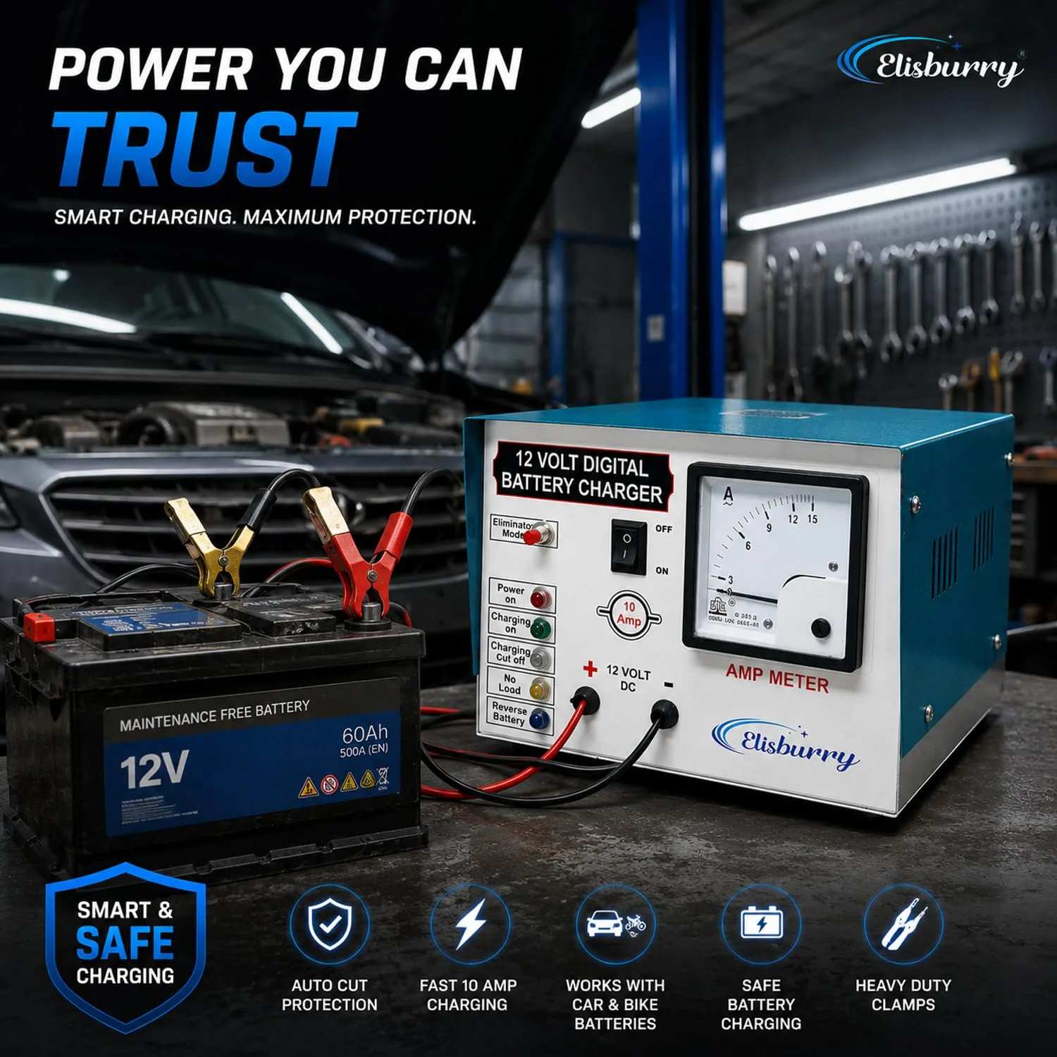 In-Depth Review: best car battery - ELISBURRY Heavy Duty Volt Amp Battery Charger for Car & Bike – Auto Cut, Compatible with 4AH to 220AH B 7 ELISBURRY Heavy Duty Volt Amp - view 6