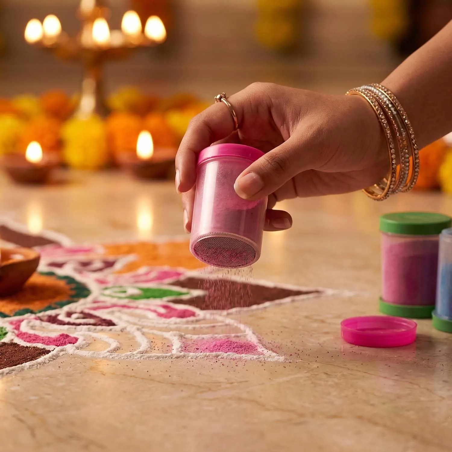 In-Depth Review: best rangoli stencils - Ascension 10 Rangoli Powder Colors Bottles 4 Stencils and 2 Fillers Design Creativity Diwali Decoration Item 5 Ascension 10 Rangoli Powder C - view 4