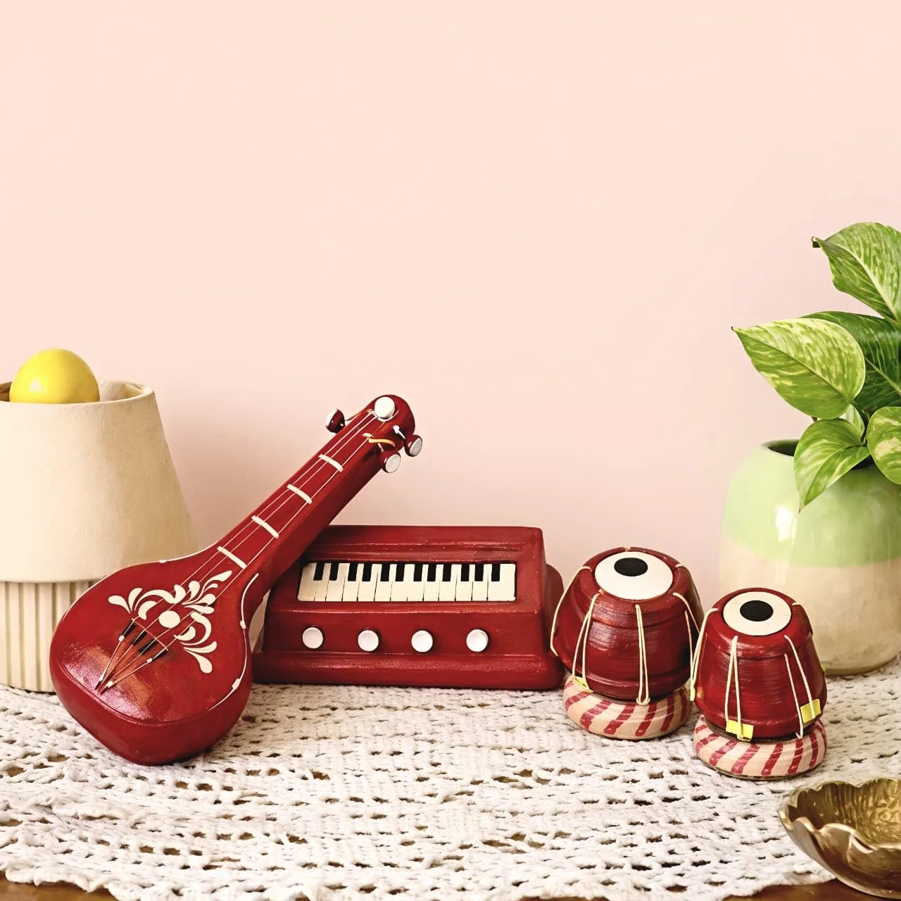 In-Depth Review: best terracotta home decor - Premium Terracotta Clay Miniature Musical Instruments Combo | Handmade Clay Tabla Veena Harmonium Showpi 4 Premium Terracotta Clay Min - view 3