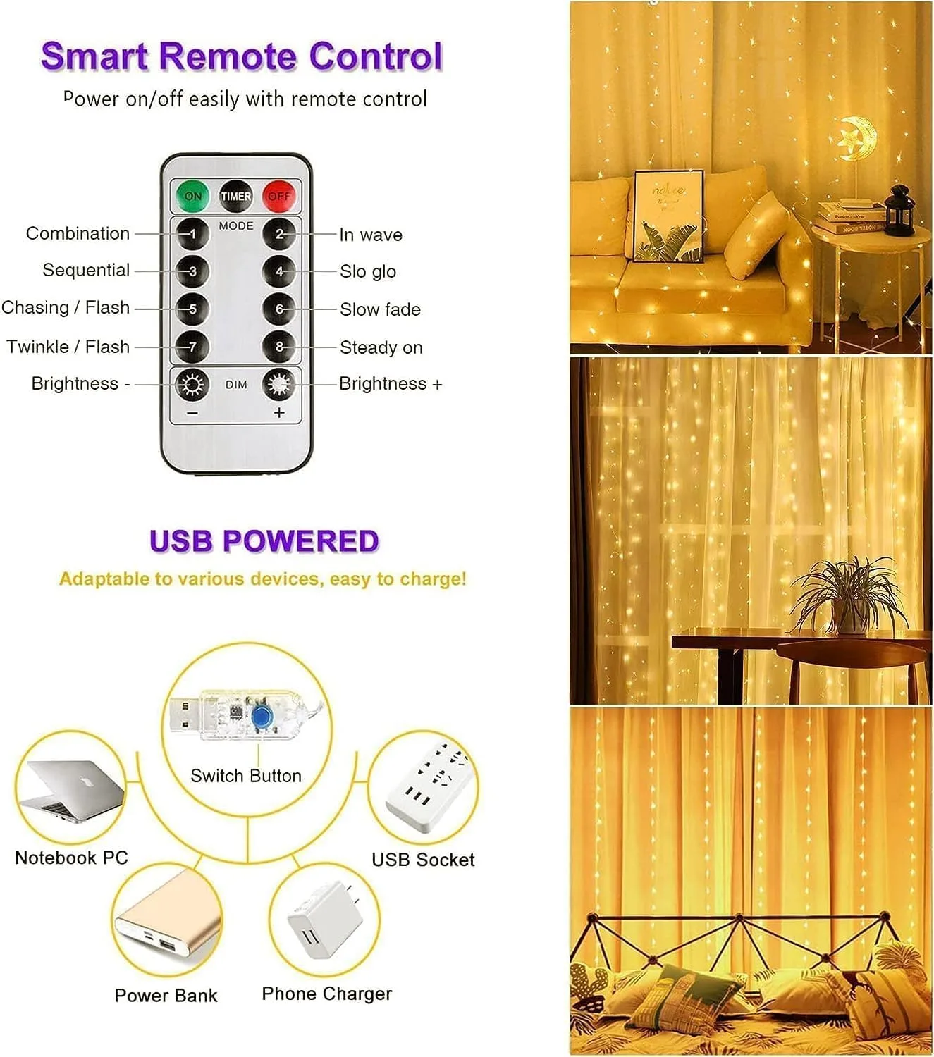 In-Depth Review: best fairy lights decoration - One94Store Plastic Fairy Curtain String Lights for Wall Decoration, Warm White USB Powered 300 LEDR 8 One94Store Plastic Fairy Curta - view 7