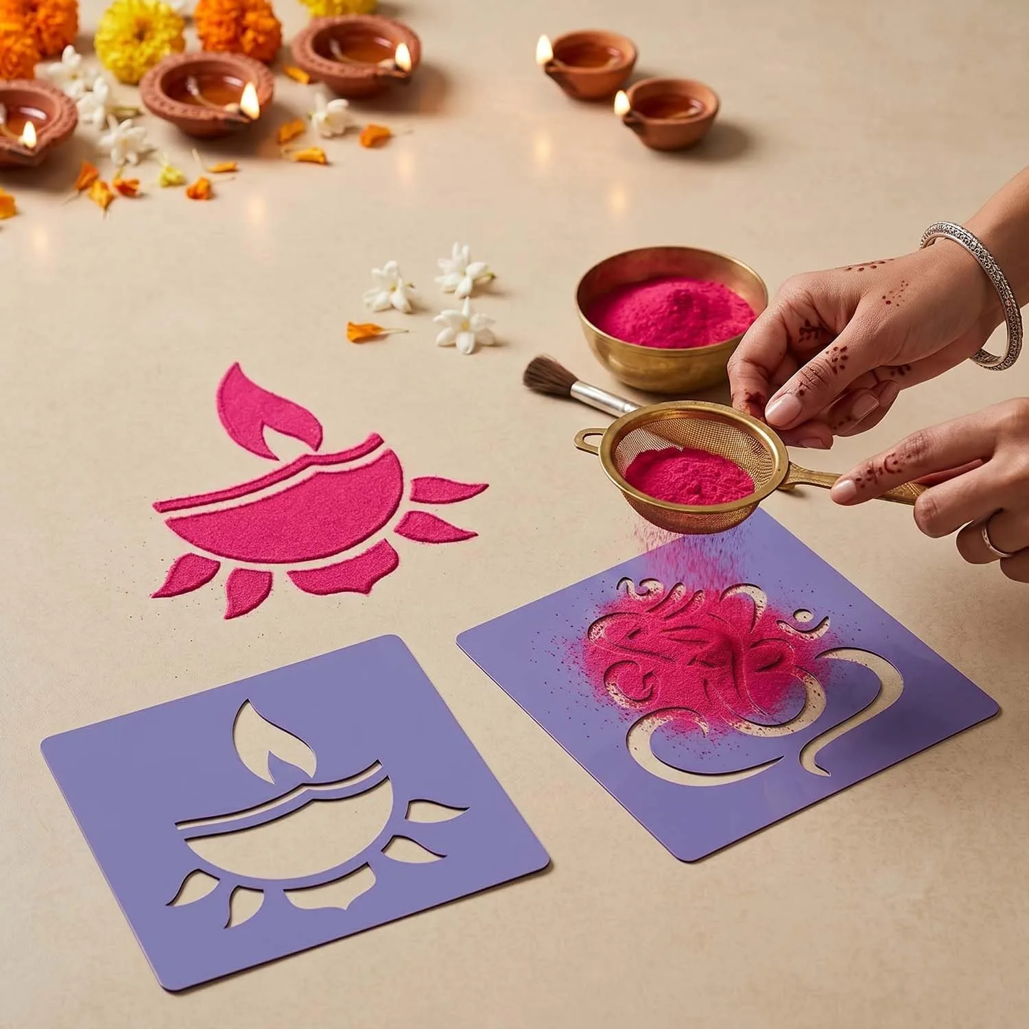 In-Depth Review: best rangoli stencils - Ascension 10 Rangoli Powder Colors Bottles 4 Stencils and 2 Fillers Design Creativity Diwali Decoration Item 4 Ascension 10 Rangoli Powder C - view 3