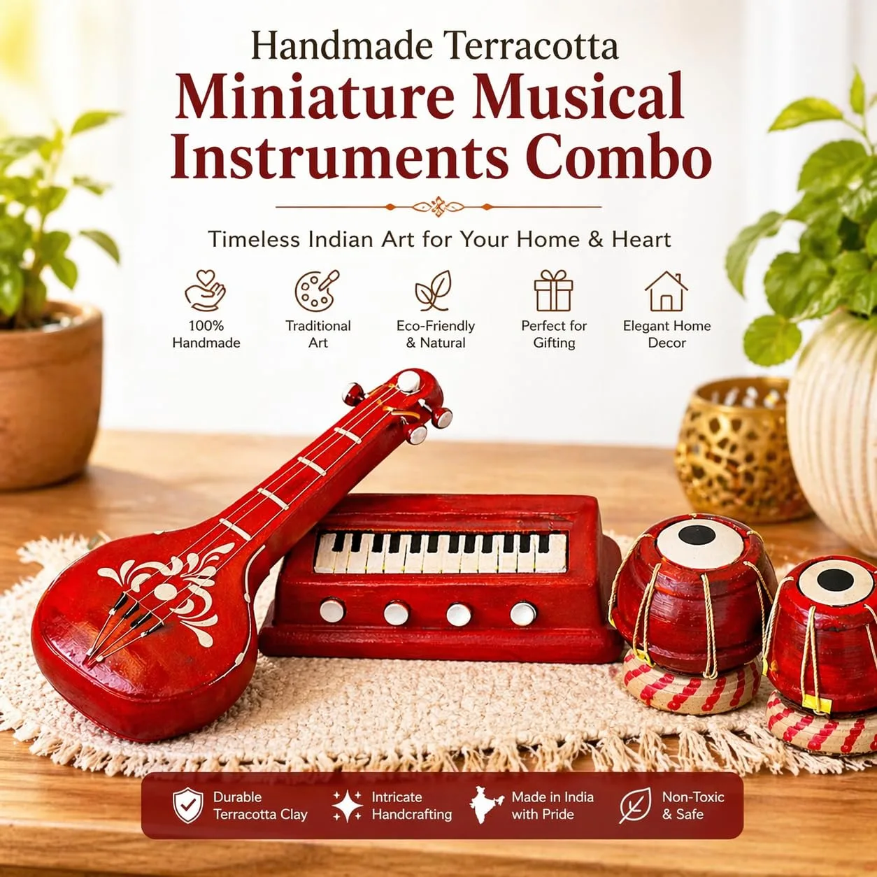 In-Depth Review: best terracotta home decor - Premium Terracotta Clay Miniature Musical Instruments Combo | Handmade Clay Tabla Veena Harmonium Showpi 3 Premium Terracotta Clay Min - view 2
