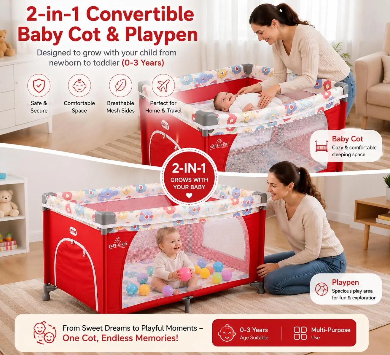 In-Depth Review: best baby crib bed - Safe-O-Kid Baby Cot Foldable with Travel Bag | 2-in-1 Baby Playpen & Cot | 1 Year Warranty | Portable Baby Crib 3 Safe-O-Kid Baby Cot Foldable w - view 2