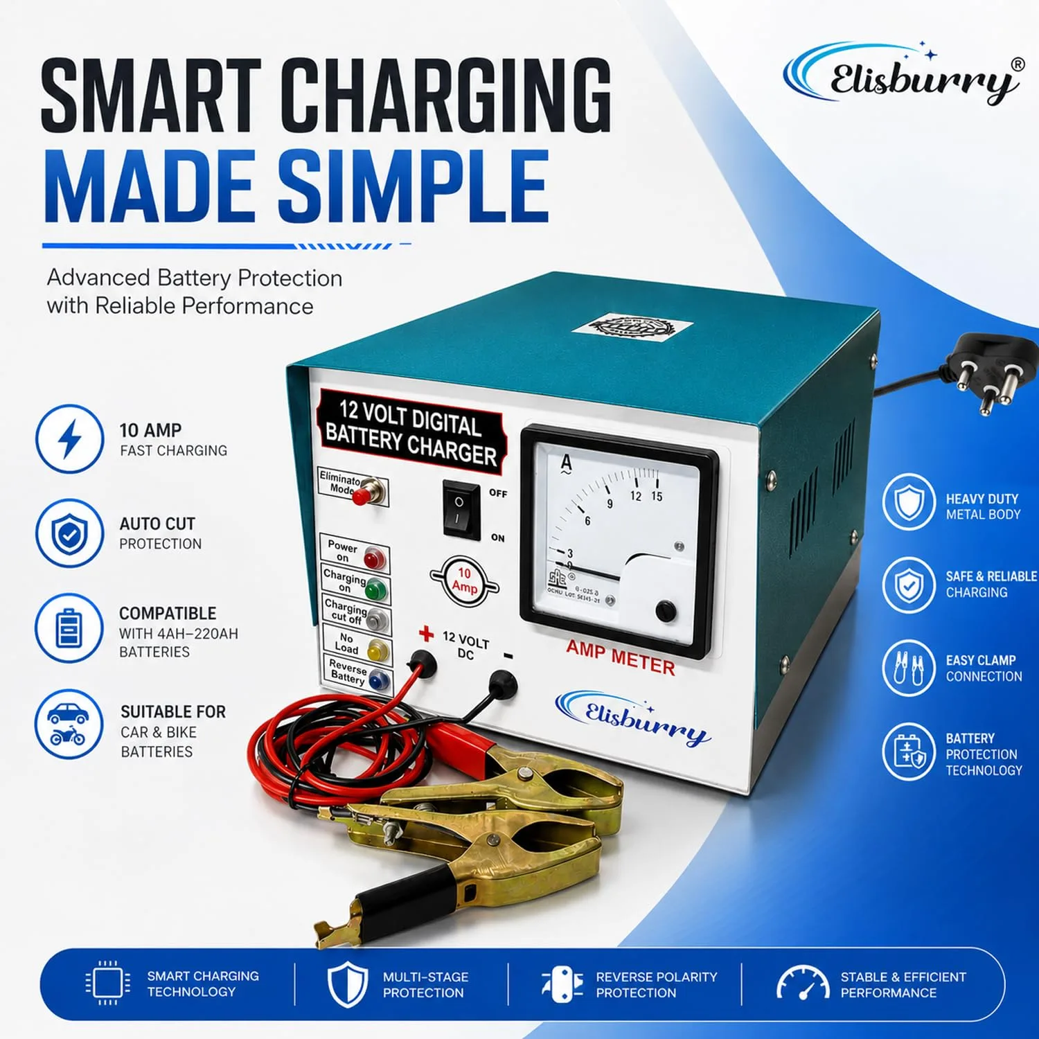 In-Depth Review: best car battery - ELISBURRY Heavy Duty Volt Amp Battery Charger for Car & Bike – Auto Cut, Compatible with 4AH to 220AH B 9 ELISBURRY Heavy Duty Volt Amp - view 8