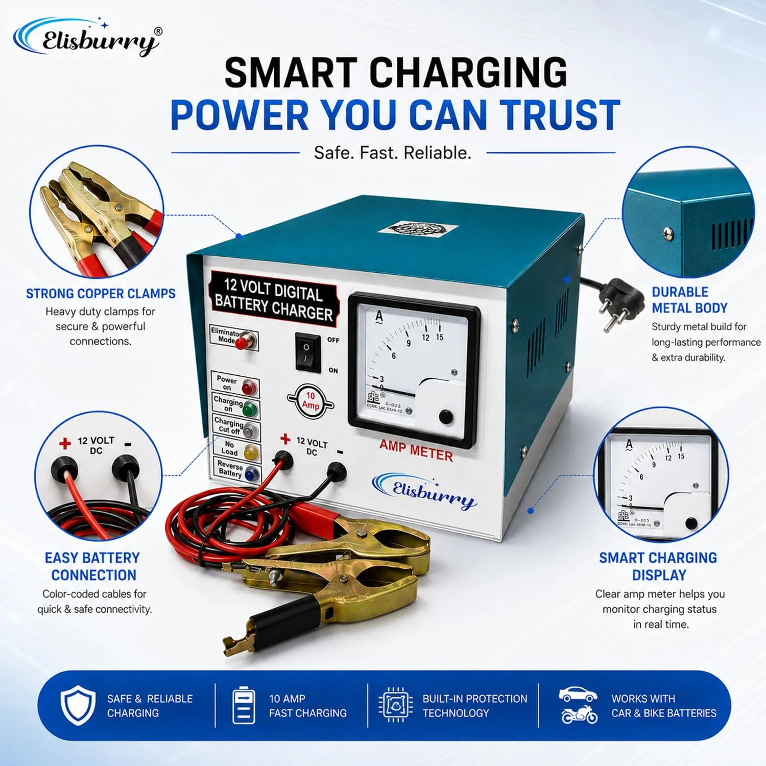 In-Depth Review: best car battery - ELISBURRY Heavy Duty Volt Amp Battery Charger for Car & Bike – Auto Cut, Compatible with 4AH to 220AH B 6 ELISBURRY Heavy Duty Volt Amp - view 5