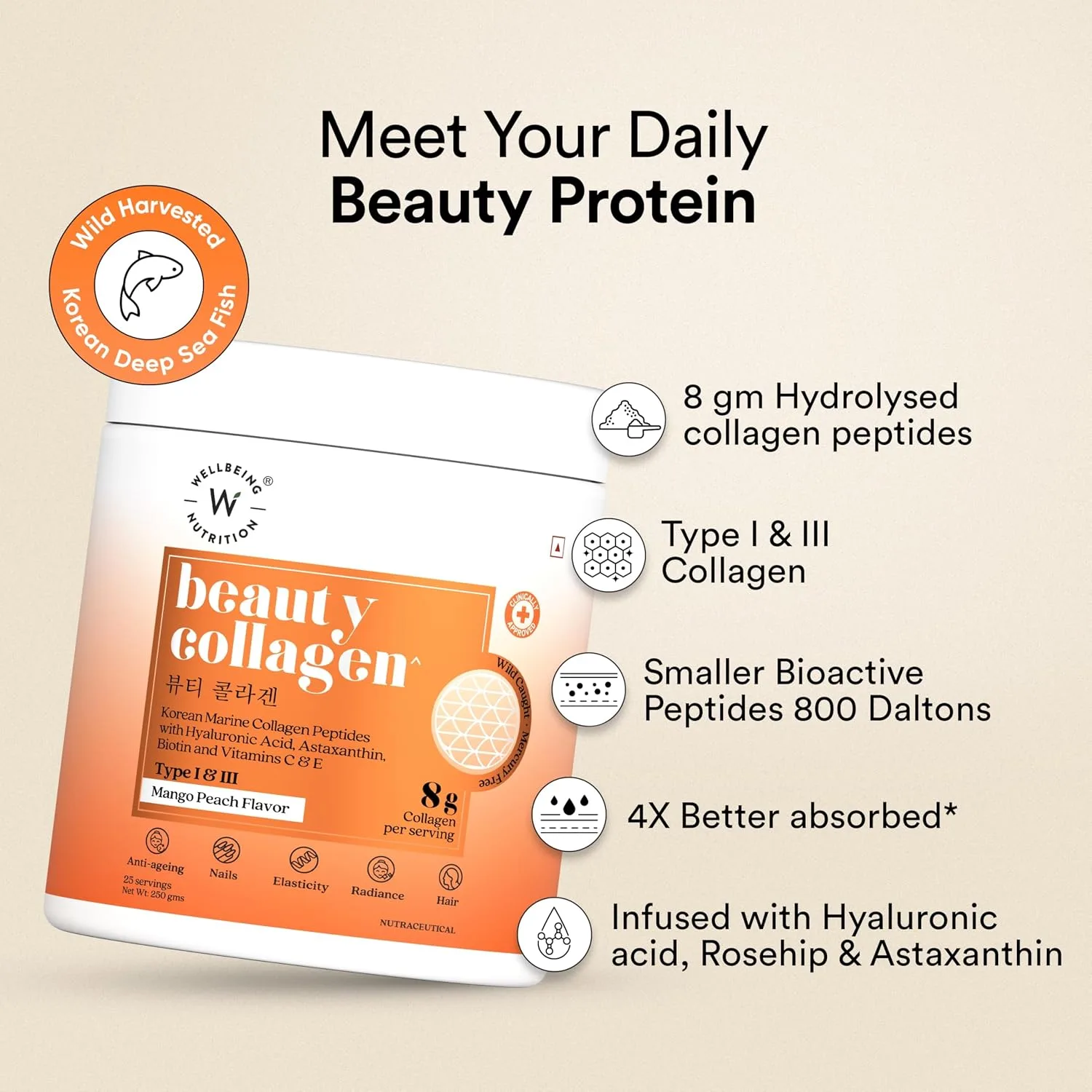 In-Depth Review: best collagen supplement india - Wellbeing Nutrition Korean Beauty Marine Collagen Skin Radiance Peptides 8g | Biotin, Vitamin C, E, 3 best collagen supplement india view 1