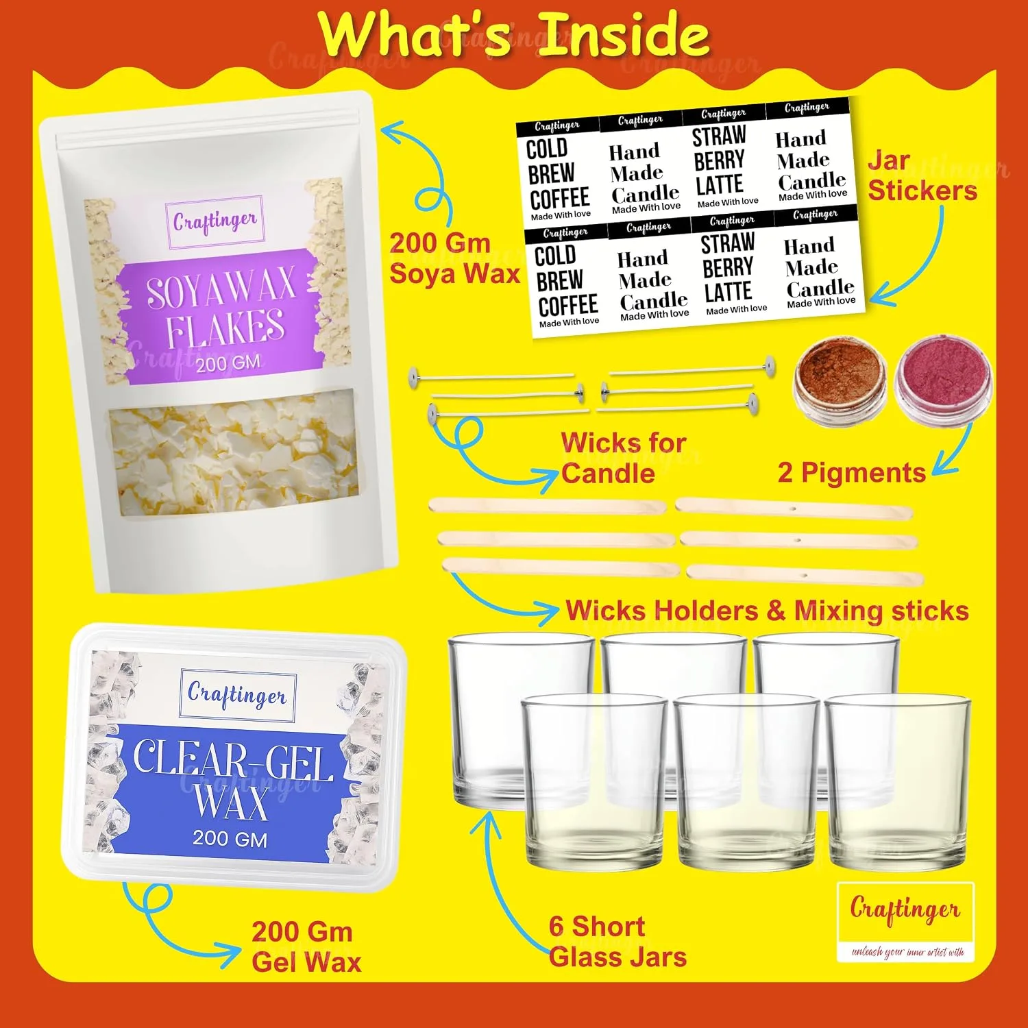 In-Depth Review: best candle making kit - Craftinger DIY Candle Making Kit – Complete Set With 400Gm SOYA Wax, Gel Wax, Jars, Wicks, Pigments, A 3 Craftinger DIY Candle Making K - view 2