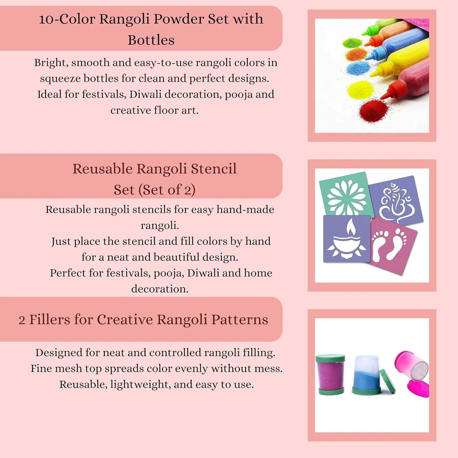 In-Depth Review: best rangoli stencils - Ascension 10 Rangoli Powder Colors Bottles 4 Stencils and 2 Fillers Design Creativity Diwali Decoration Item 7 Ascension 10 Rangoli Powder C - view 6
