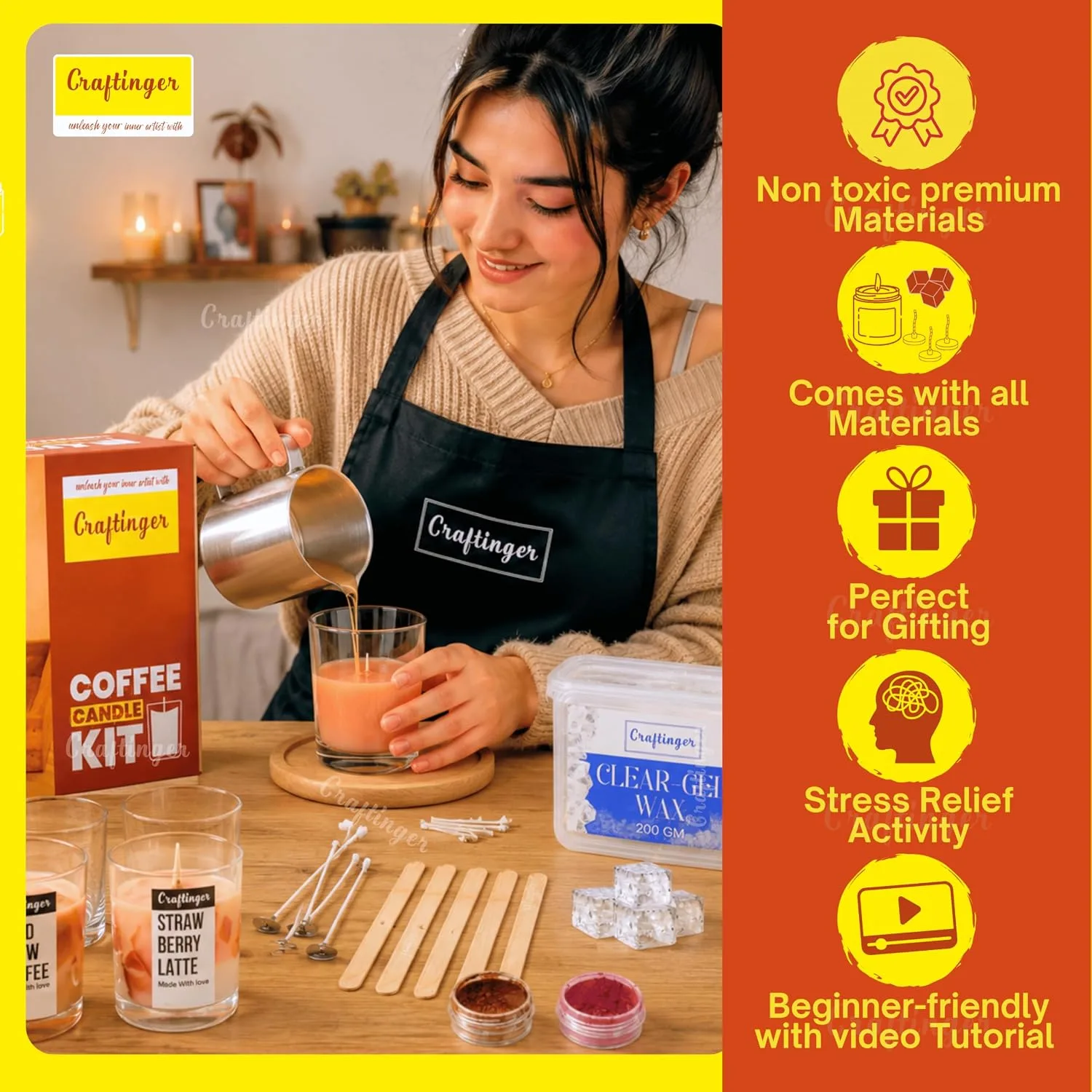 In-Depth Review: best candle making kit - Craftinger DIY Candle Making Kit – Complete Set With 400Gm SOYA Wax, Gel Wax, Jars, Wicks, Pigments, A 4 Craftinger DIY Candle Making K - view 3